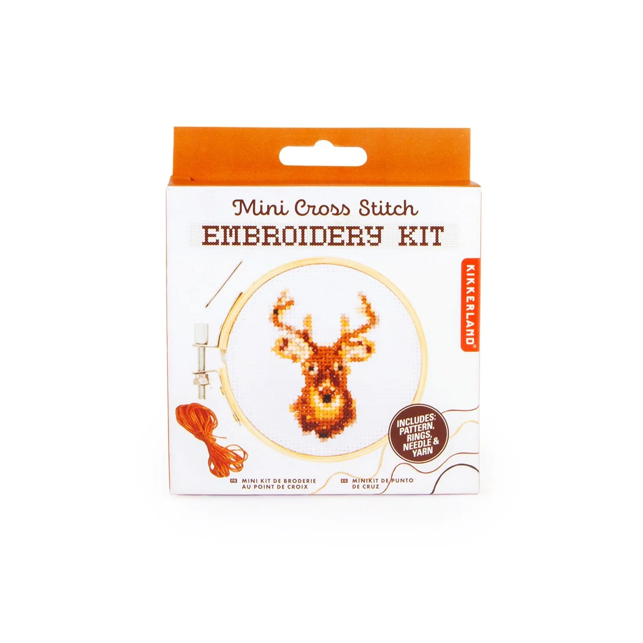Mini Deer Cross Stitch Embroidery Kit by Kikkerland in orange box packaging on white background