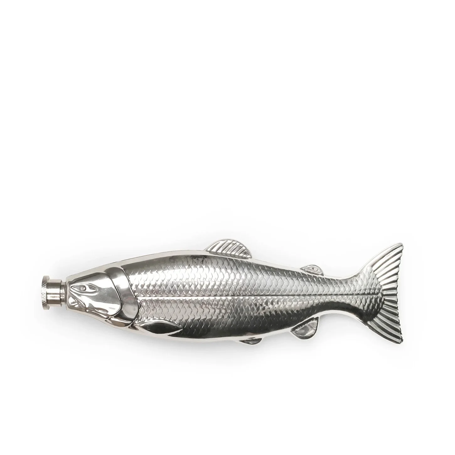 Silver stainless steel fish shaped flask with screw cap at mouth on white background