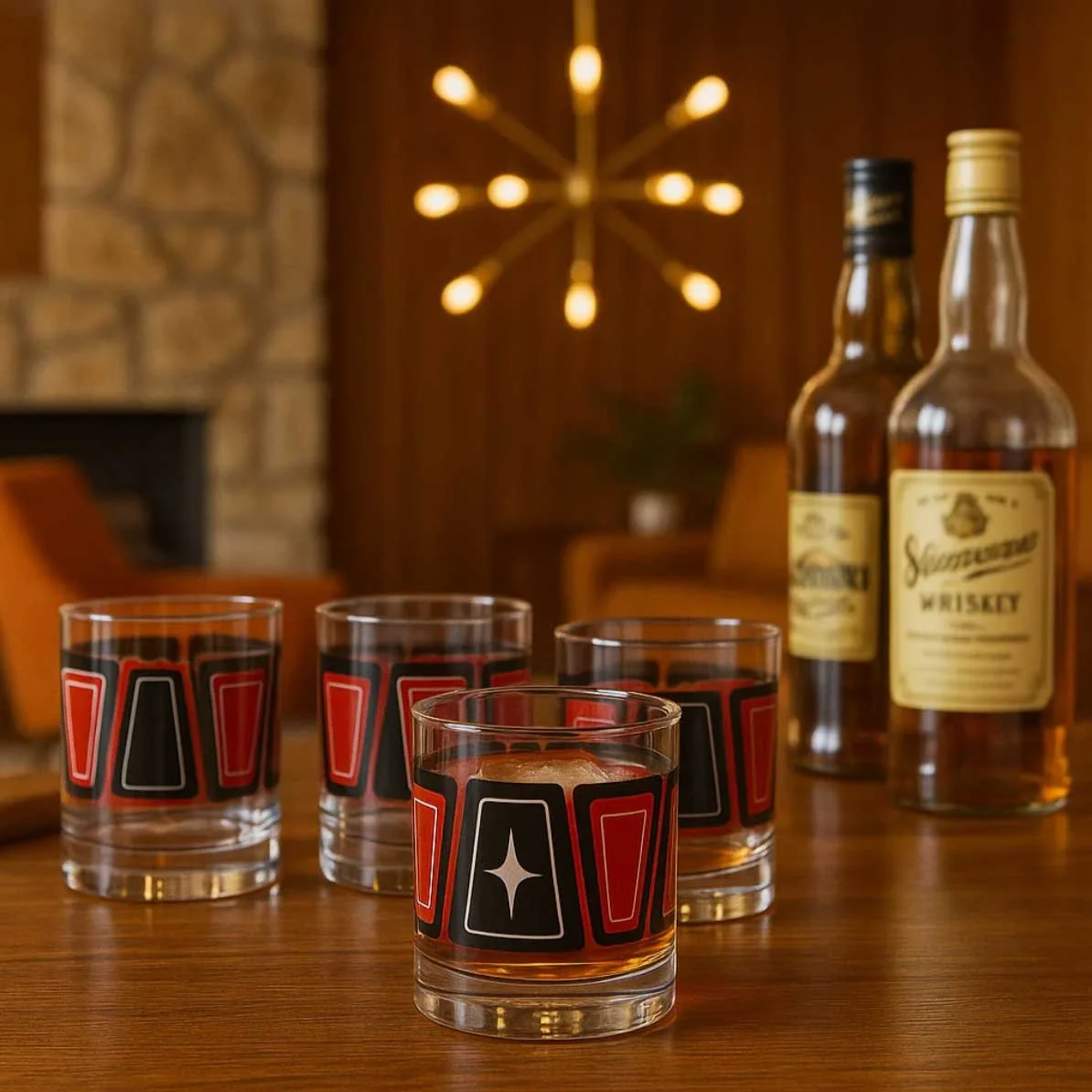 Four atomic retro red and black rocks glasses beside whiskey bottles under a Sputnik chandelier in a mid-century lounge