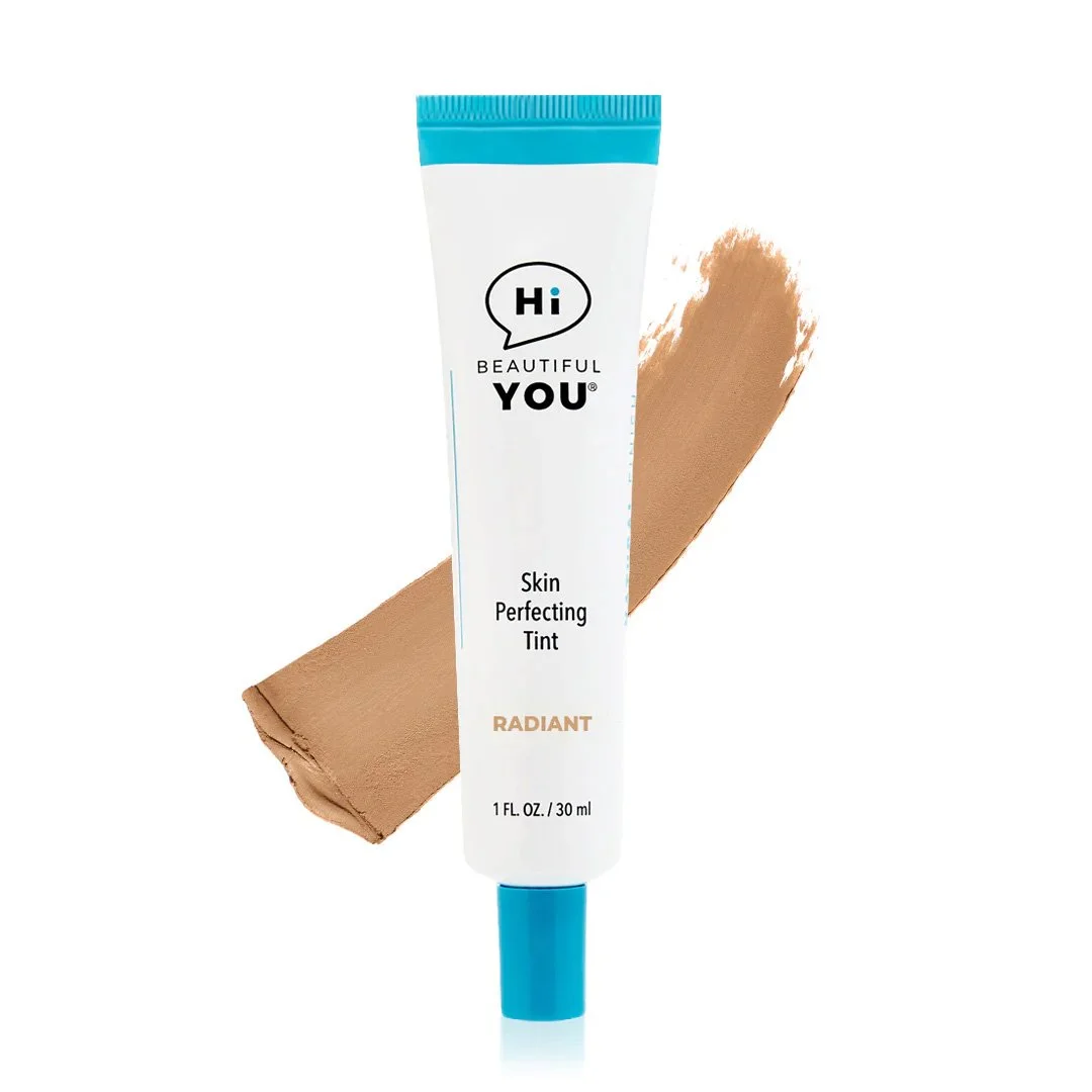 Hi Beautiful You Skin Perfecting Tint in Radiant shade with warm medium tan color swatch on white background