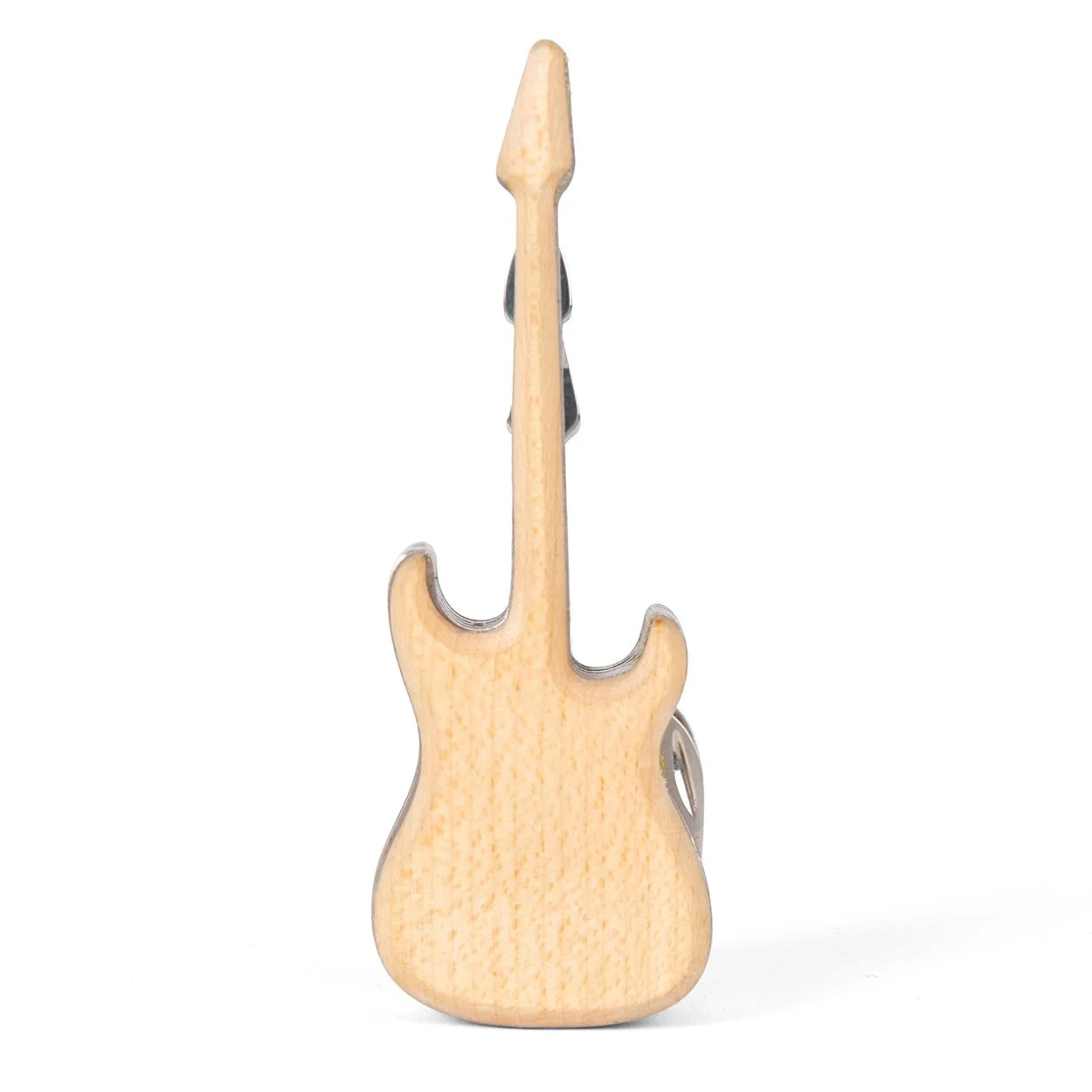 Front view of beechwood electric guitar shaped multitool standing upright on white background