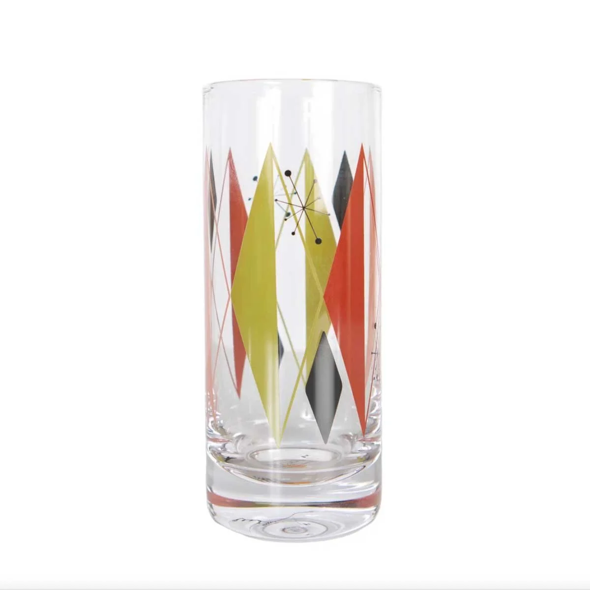 Single mid-century atomic retro highball glass with coral, olive, and black diamond geometric pattern on white background