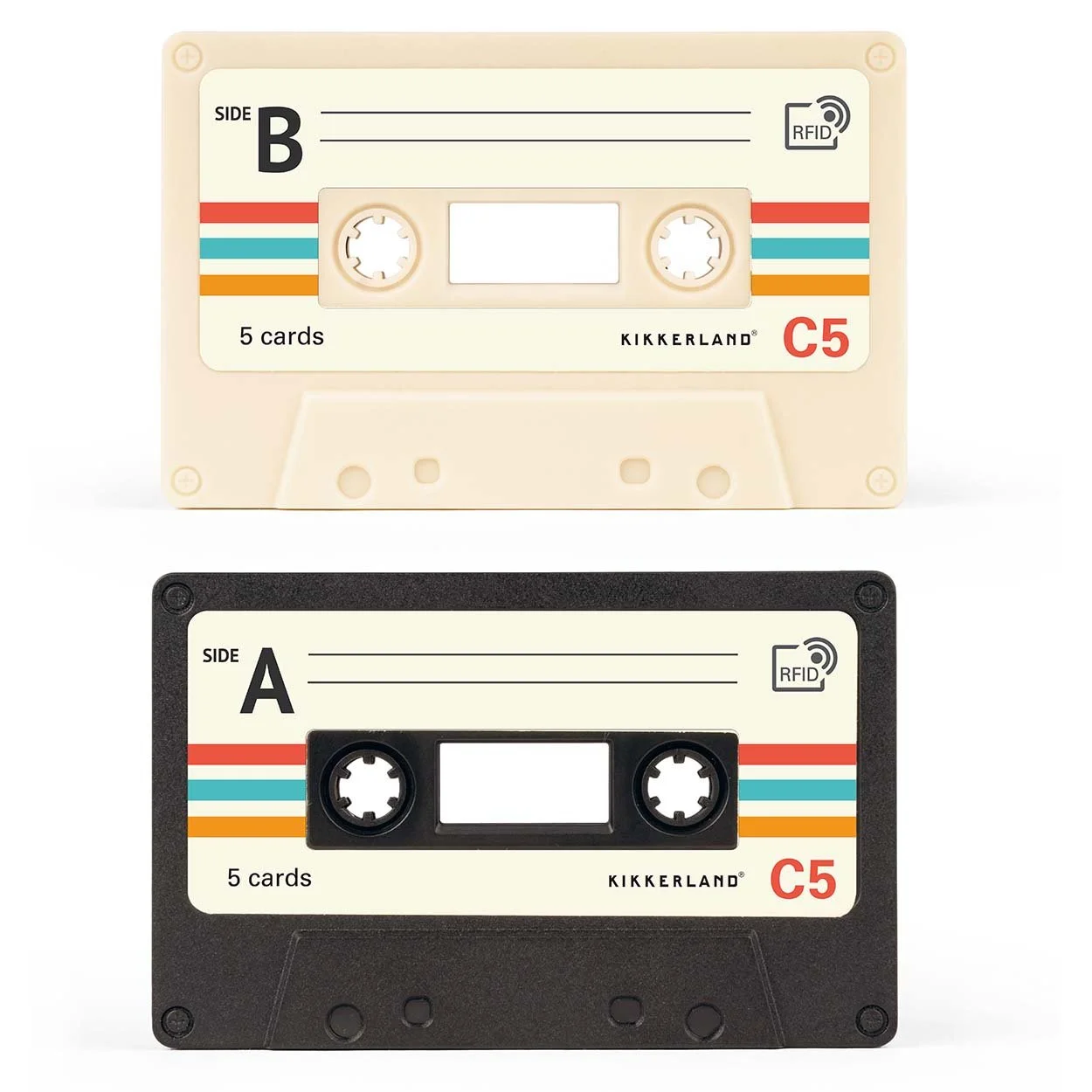 Cream and black cassette tape shaped RFID card holders shown front facing on white background