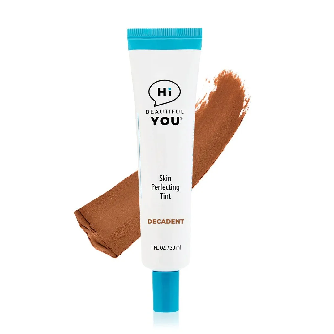 Hi Beautiful You Skin Perfecting Tint in Decadent shade with deep rich brown color swatch on white background