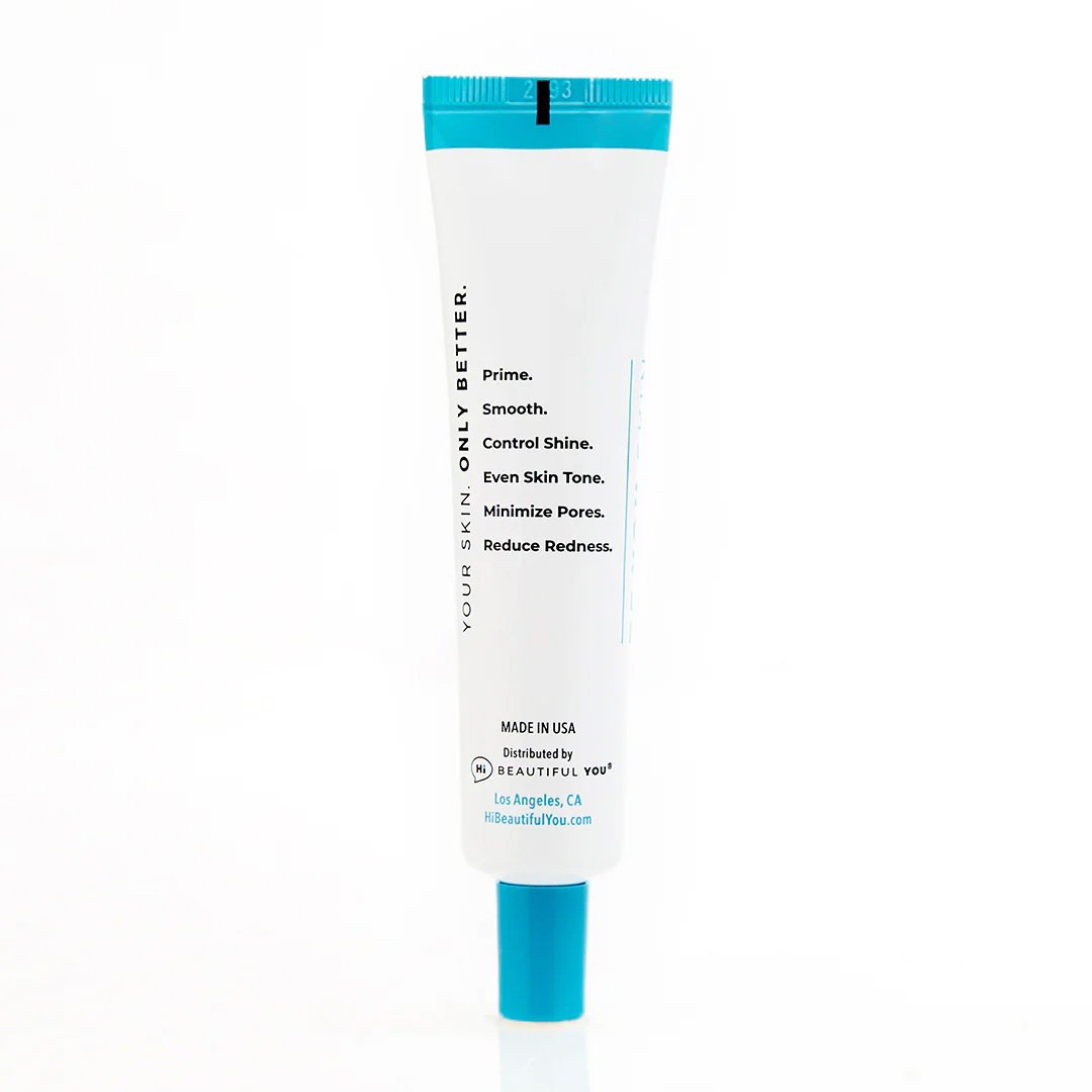 Back of Hi Beautiful You Skin Perfecting Tint tube showing Prime Smooth Control Shine Even Skin Tone Minimize Pores Reduce Redness benefits