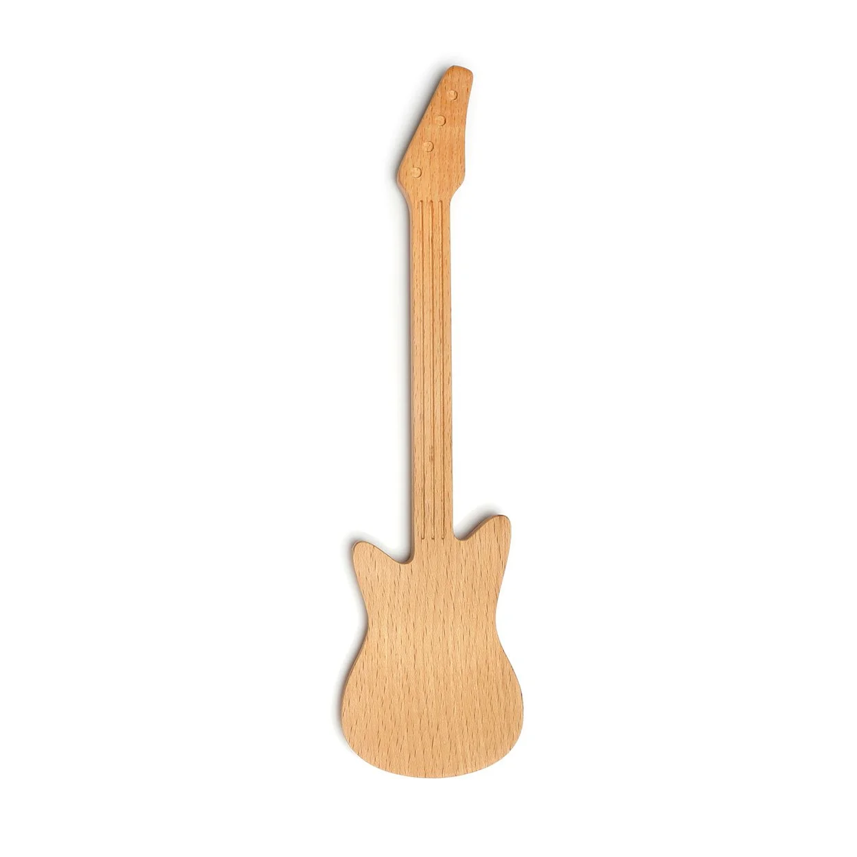 Beechwood electric guitar shaped spatula with fret detail on white background