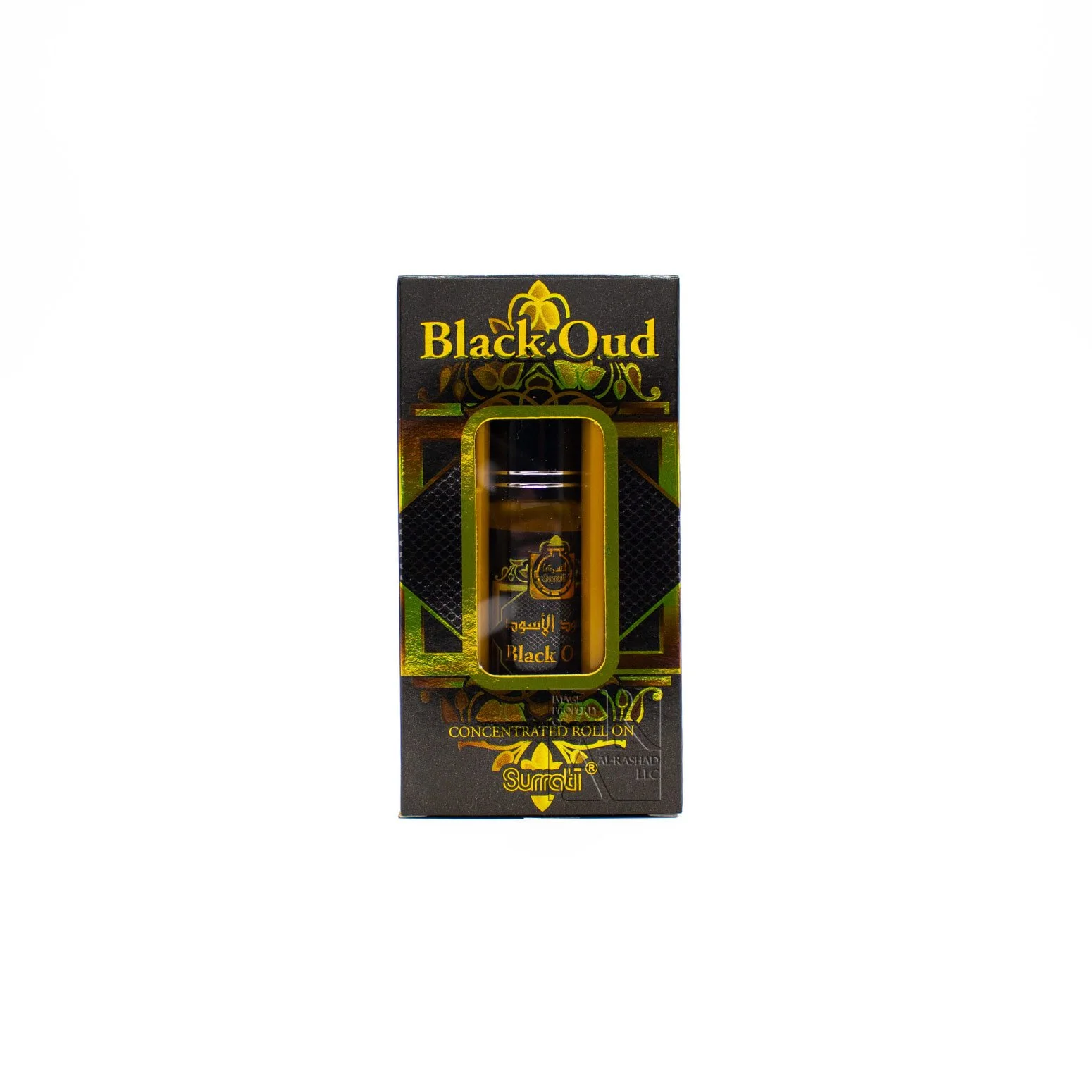 Surrati Black Oud perfume oil in ornate black and gold Arabic-script box packaging on white background