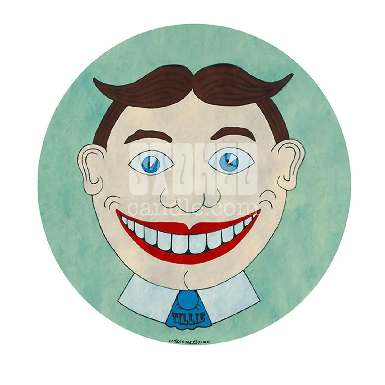 Close-up of Tillie illustration on Stoked Candle lid — smiling face with blue eyes and TILLIE on tie on teal background