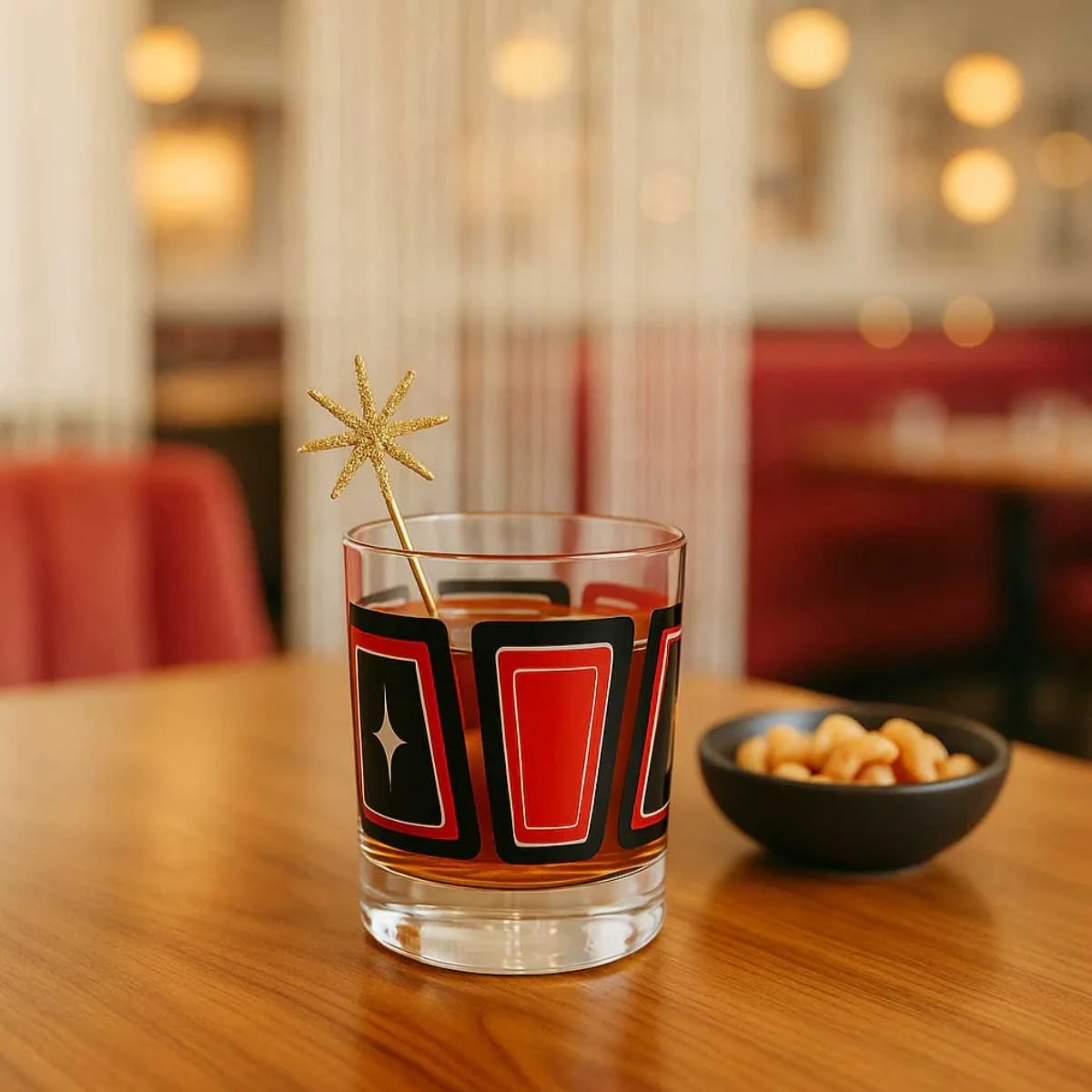Single atomic retro rocks glass with a gold starburst cocktail stirrer and a side bowl of nuts on a wooden bar table