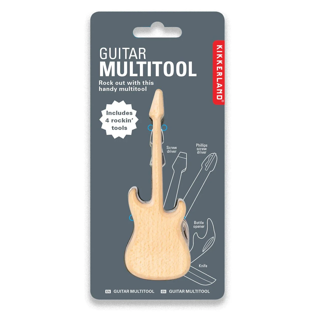 Guitar Multi-Tool by Kikkerland in grey card packaging showing tools and product details