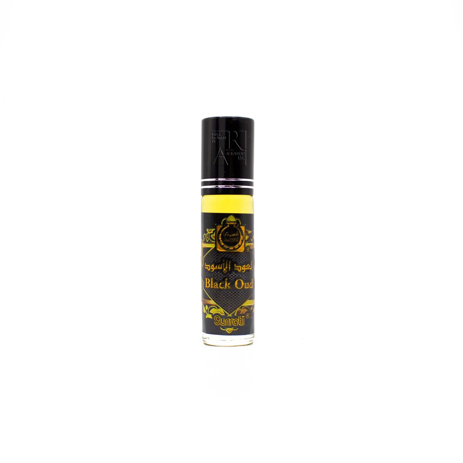 Surrati Black Oud 6ml roll-on perfume oil bottle with black cap and Arabic label on white background