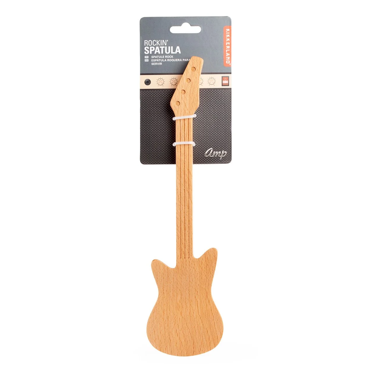 Beechwood electric guitar shaped spatula in Kikkerland Rockin' Spatula card packaging on white background