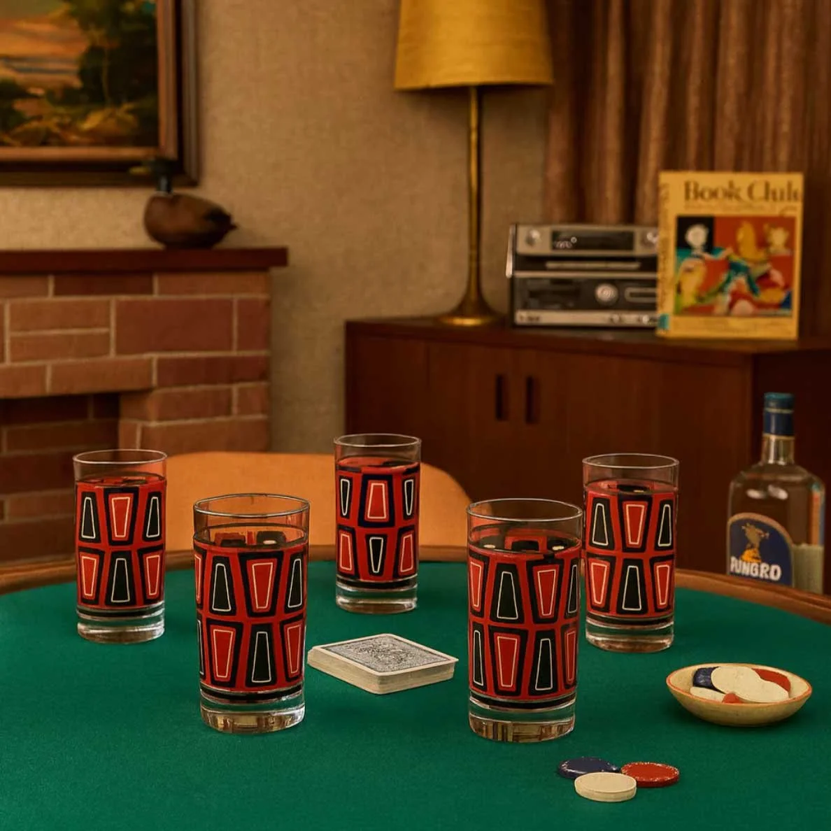 Set of five red and black atomic retro highball glasses on a green poker table with playing cards and chips