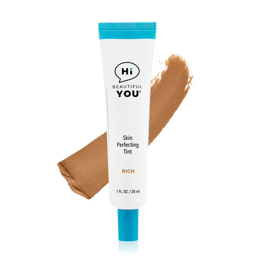 Hi Beautiful You Skin Perfecting Tint in Rich shade with warm golden tan color swatch on white background