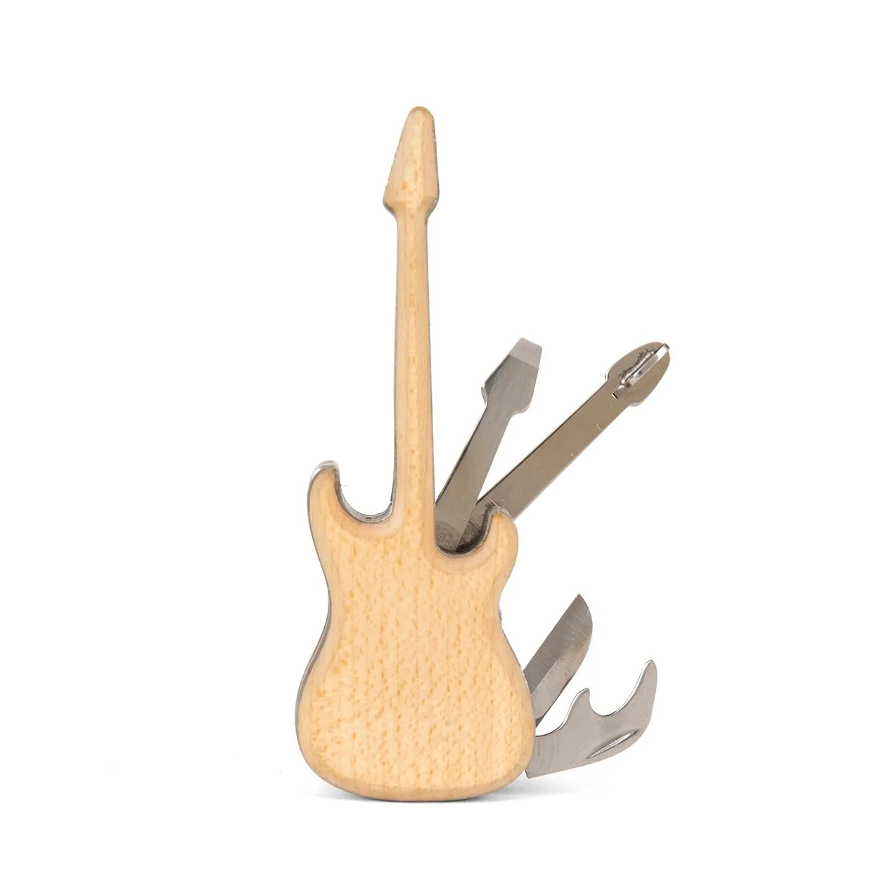 Wood guitar shaped multitool with bottle opener, screwdrivers, and knife fanned open on white background