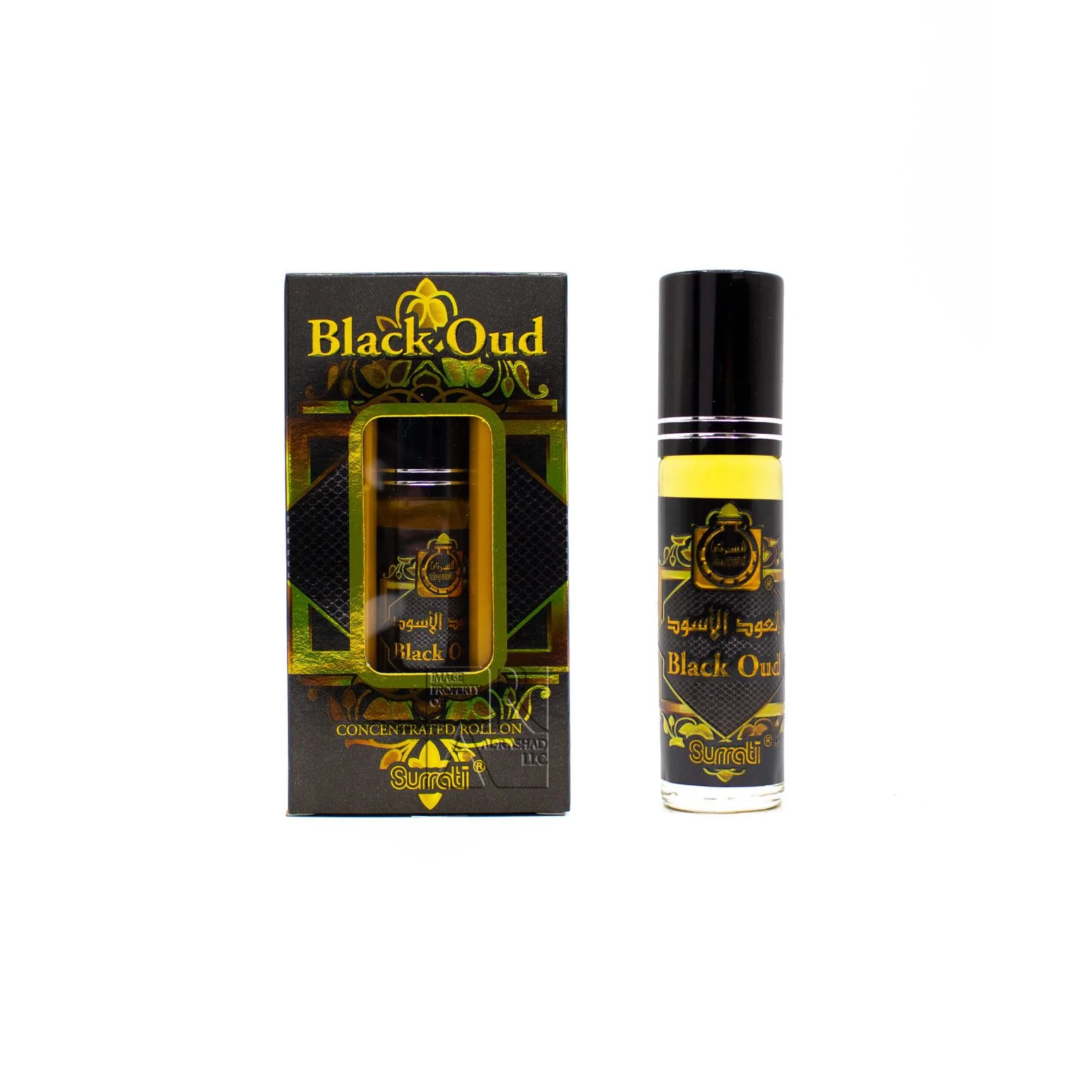 Surrati Black Oud 6ml concentrated roll-on perfume oil bottle and black gold ornate box on white background