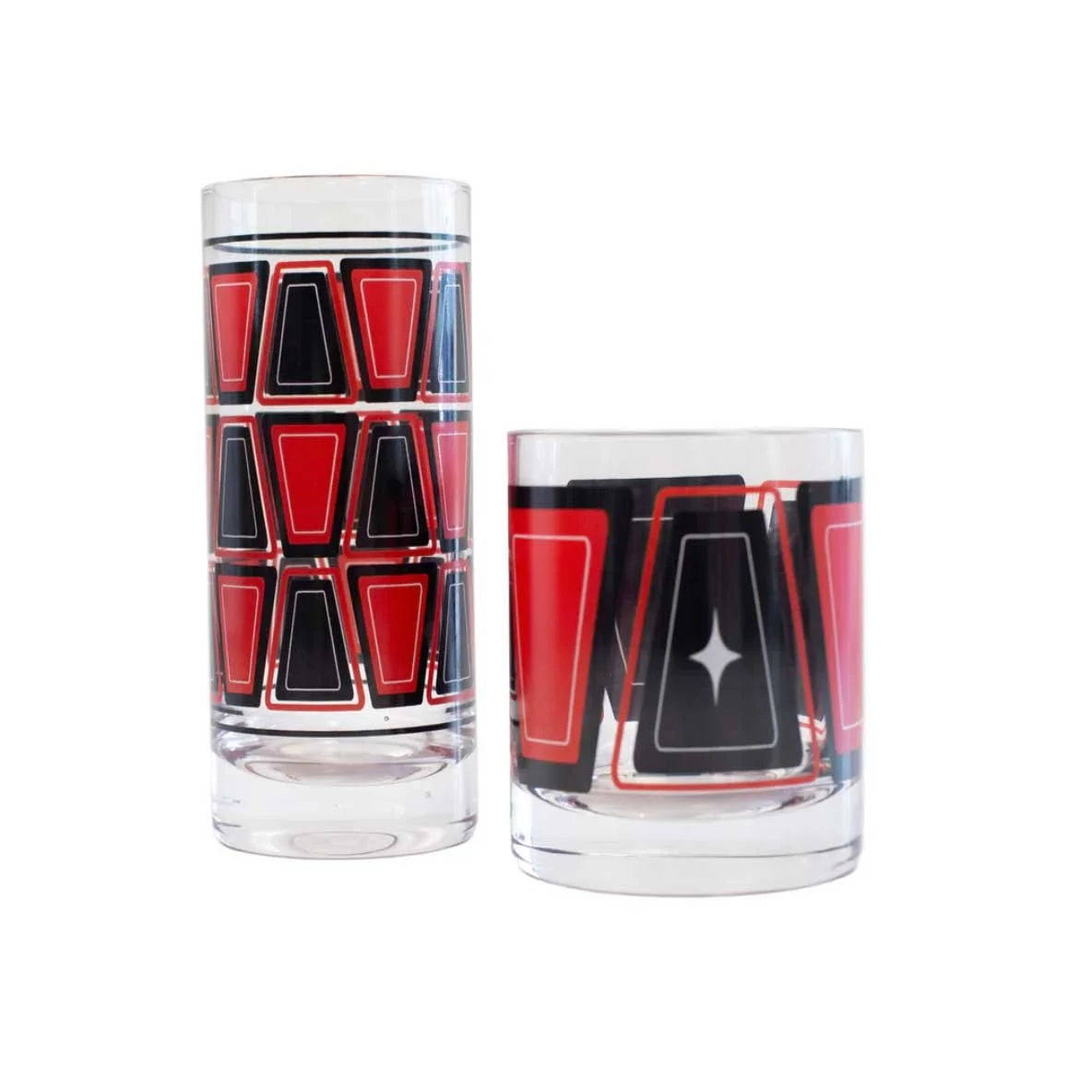 Red and black atomic retro vintage cocktail glass set showing tall highball and short rocks glasses on white background