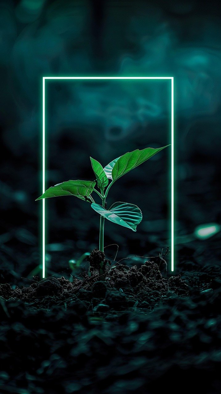 A young green plant growing from dark soil, illuminated by a neon green rectangular frame and surrounded by a dark background.