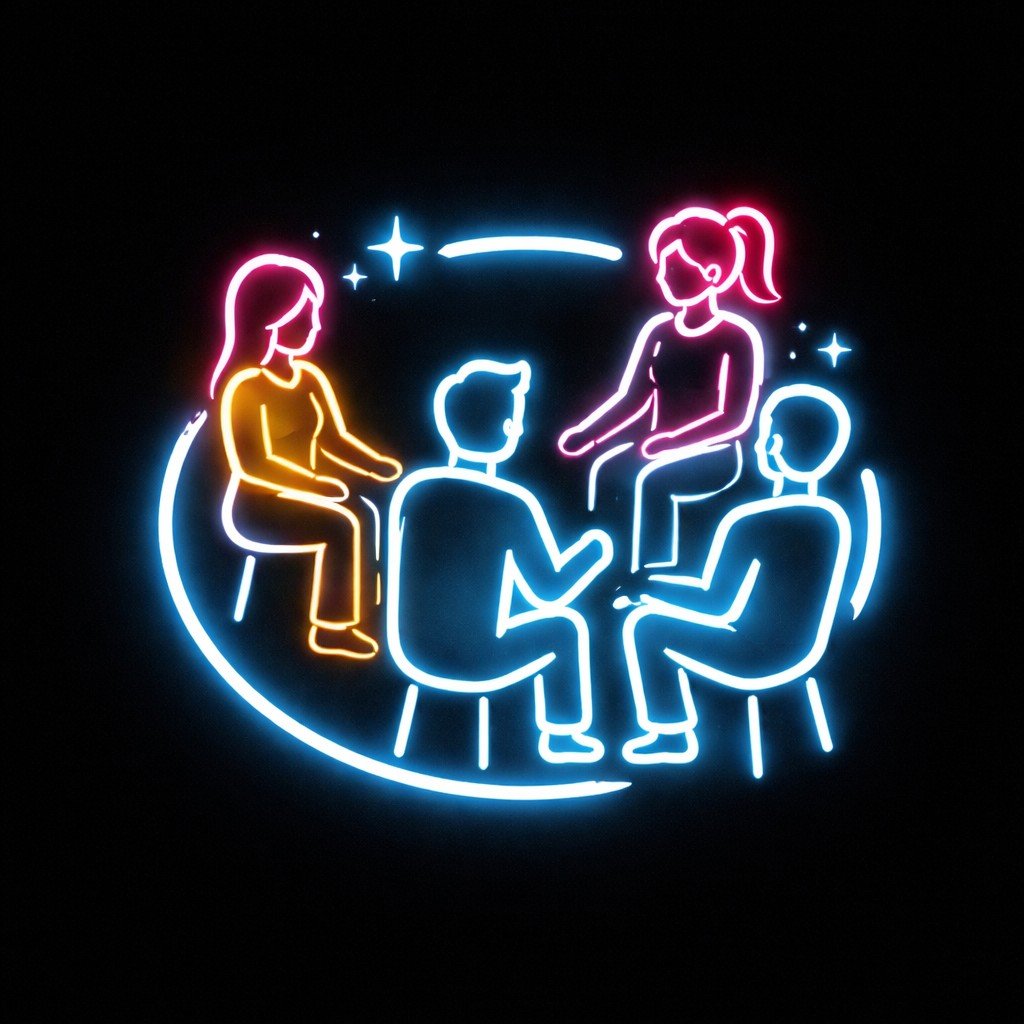 Neon sign depicting a group therapy session with five seated individuals, two women and three men, engaged in conversation, outlined in colorful neon lights on a black background.