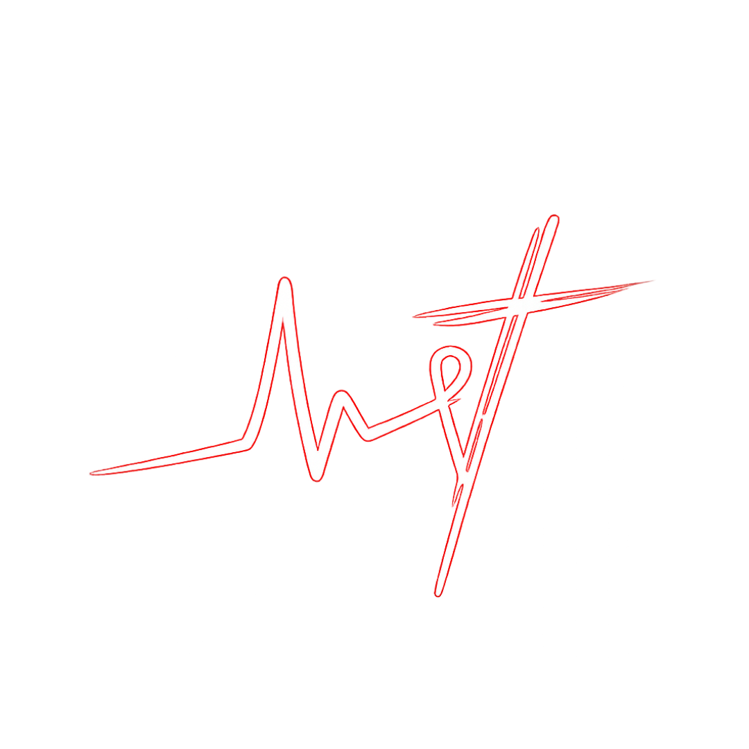 A red neon sign in the shape of a heartbeat monitor line with a cross at one end, on a black background.