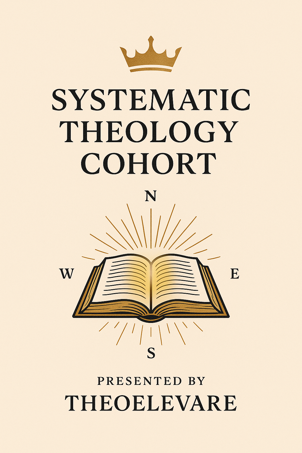 Cover design for a religious studies program called 'Systematic Theology Cohort' with a crown icon and an open book, presented by Theolevare, featuring the four cardinal directions.