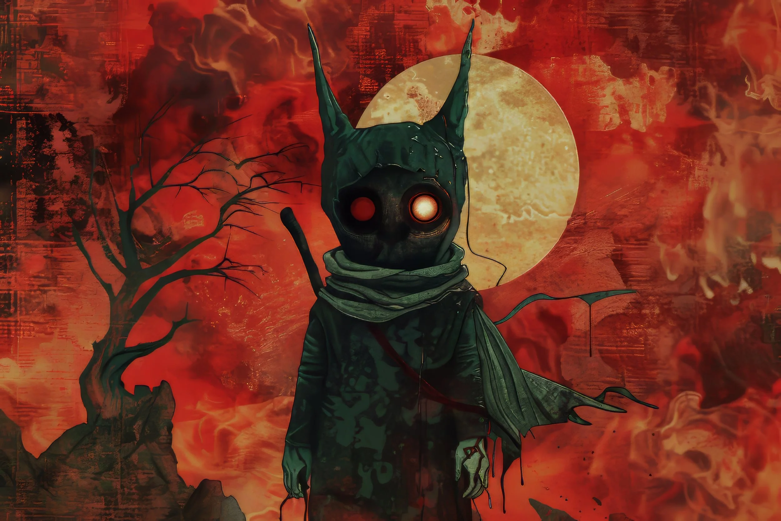 Dark creature silhouetted against a red moon