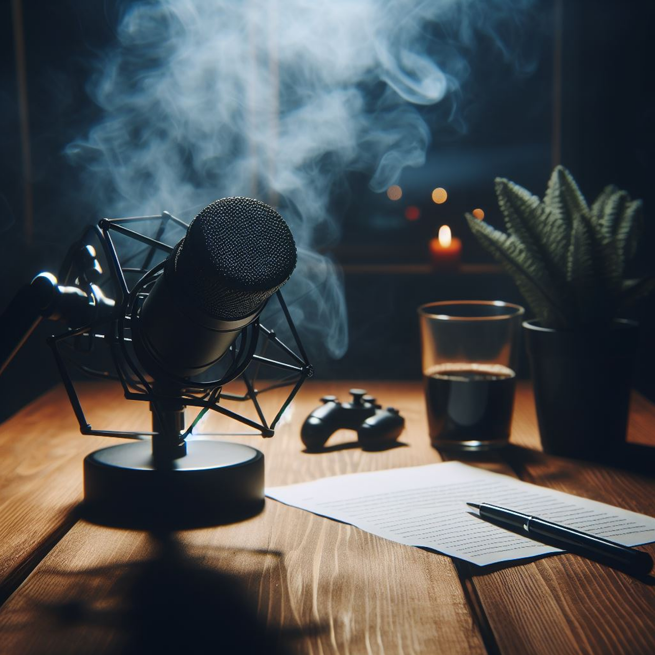 A recording studio setup with a microphone on a stand, a game controller, a glass of dark beverage, a potted plant, a candle, an open script, and a pen on a wooden table, with a lit candle in the background and smoke swirling around.