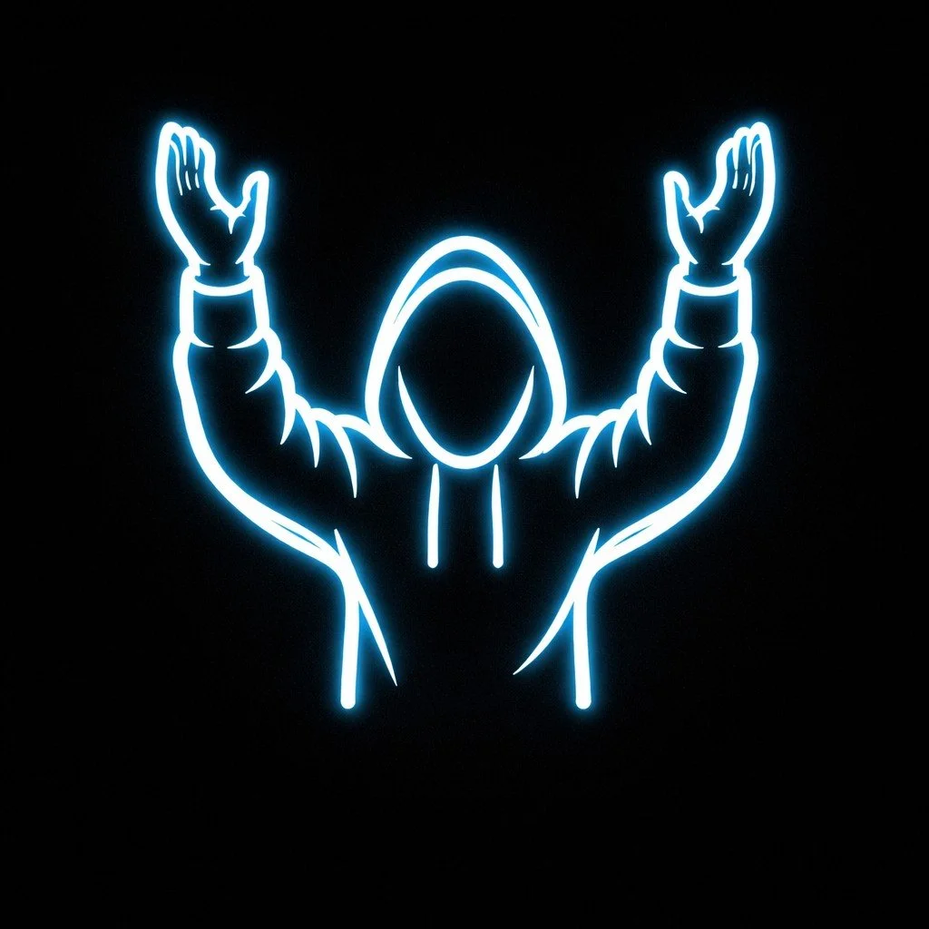 Neon sign of a faceless person in a hoodie with arms raised, outlined in blue light against a black background.