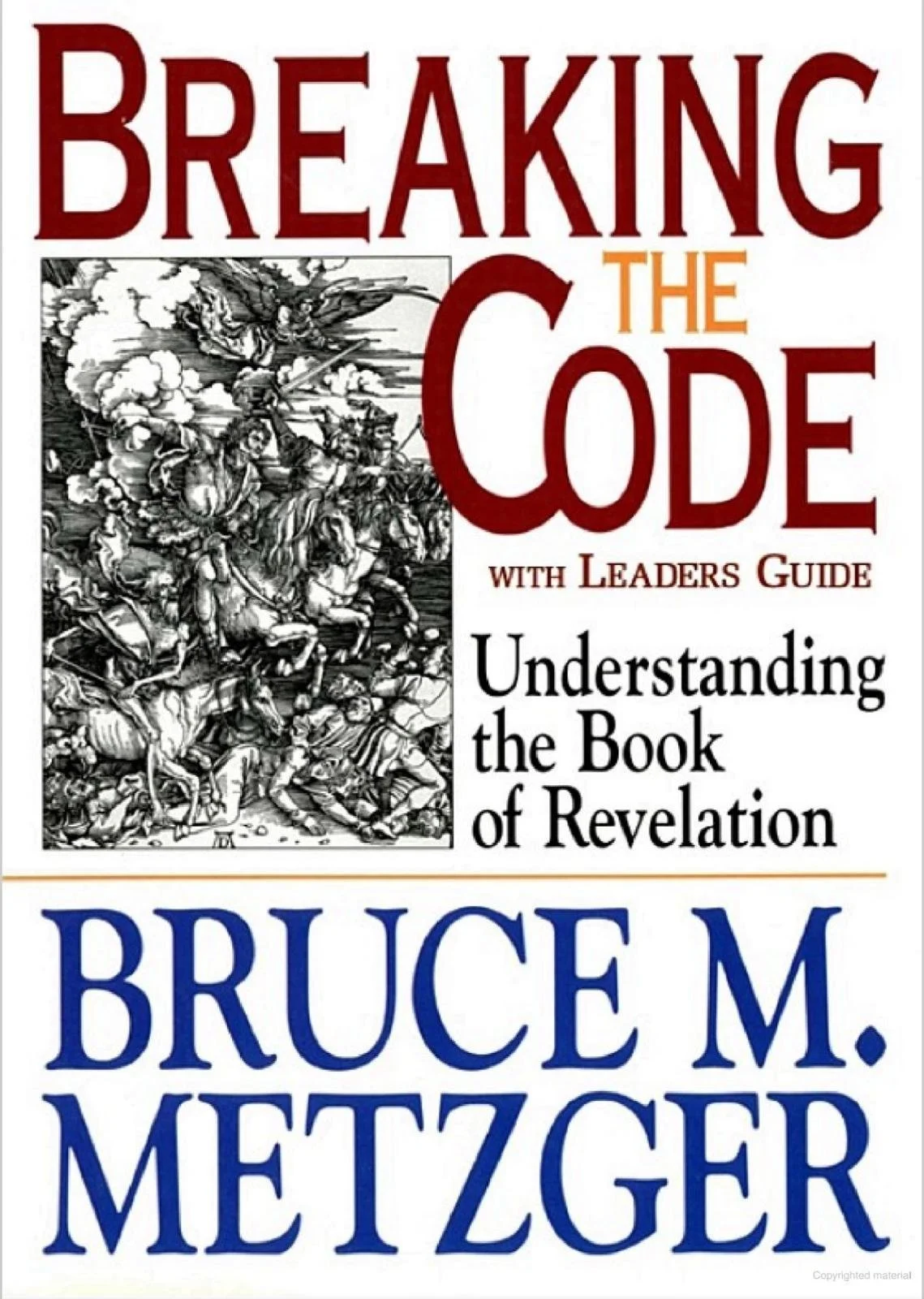 Book cover of "Breaking the Code" by Bruce M. Metzger, featuring a black and white illustration of a biblical scene from Revelation.