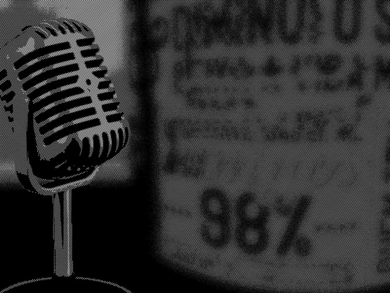 Black and white image of a vintage microphone and a vintage radio.