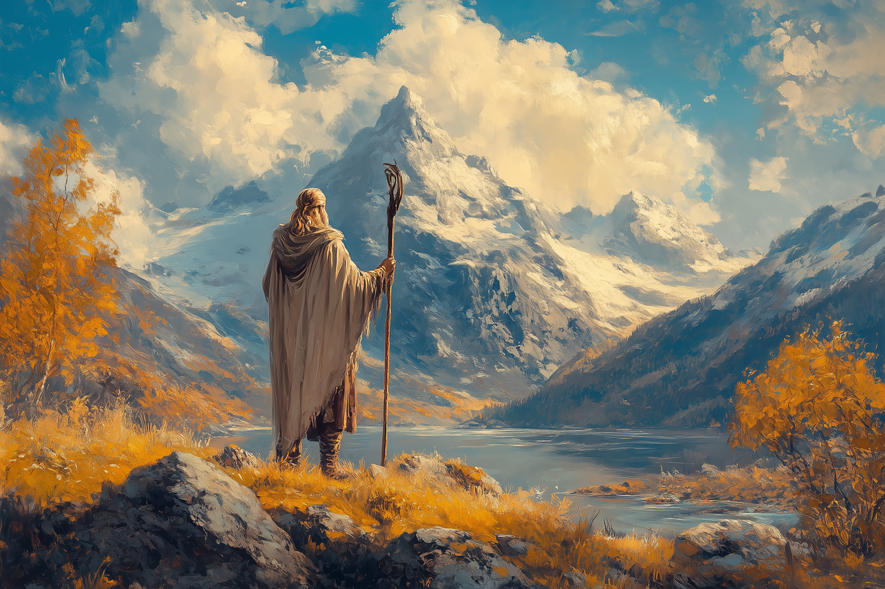 A person with long hair in a cloak holding a staff, standing on a rocky outcrop overlooking a river with snow-capped mountains in the background, autumn trees in the foreground.