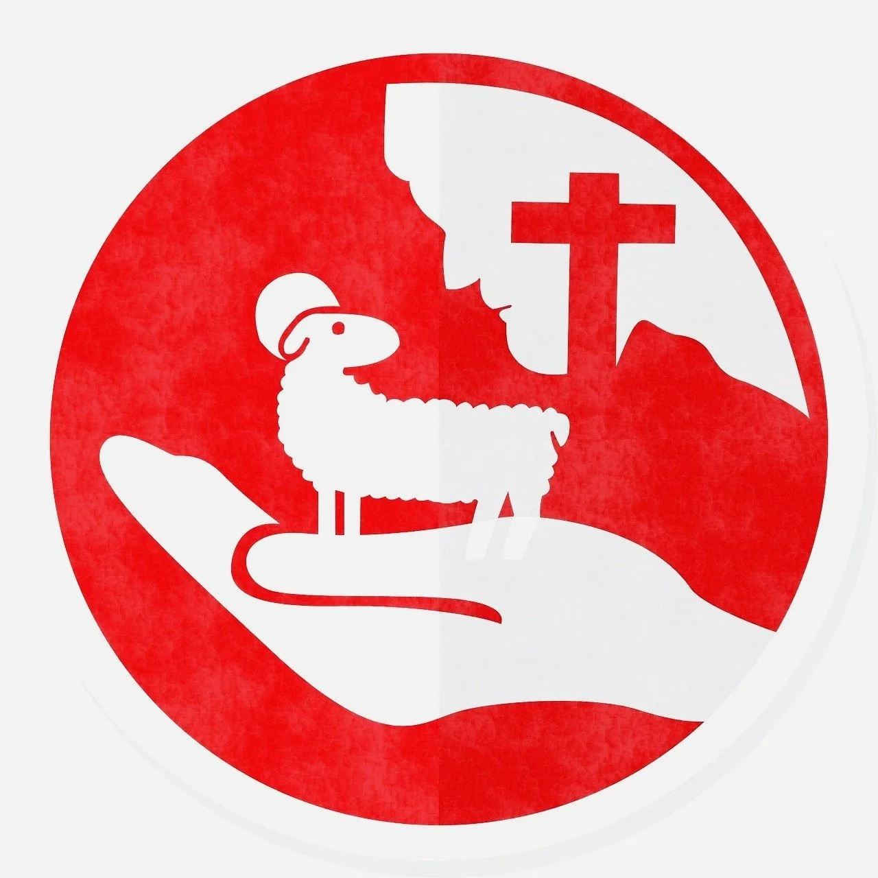 A red circular sticker with a white silhouette of Jesus Christ holding a lamb on a hand, with a church cross in the background.