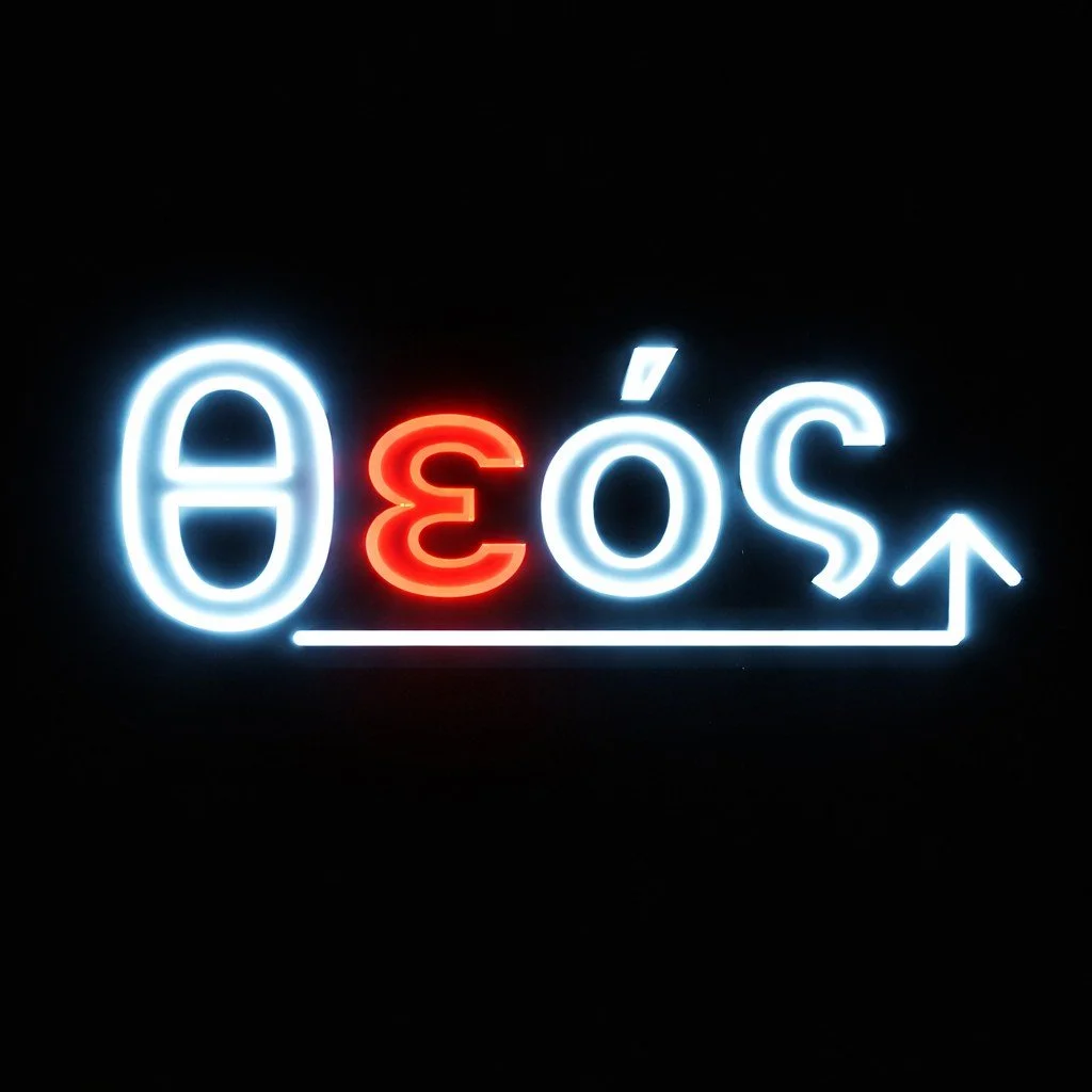 Neon sign displaying the year 2023 with an upward arrow, viewed in reverse.