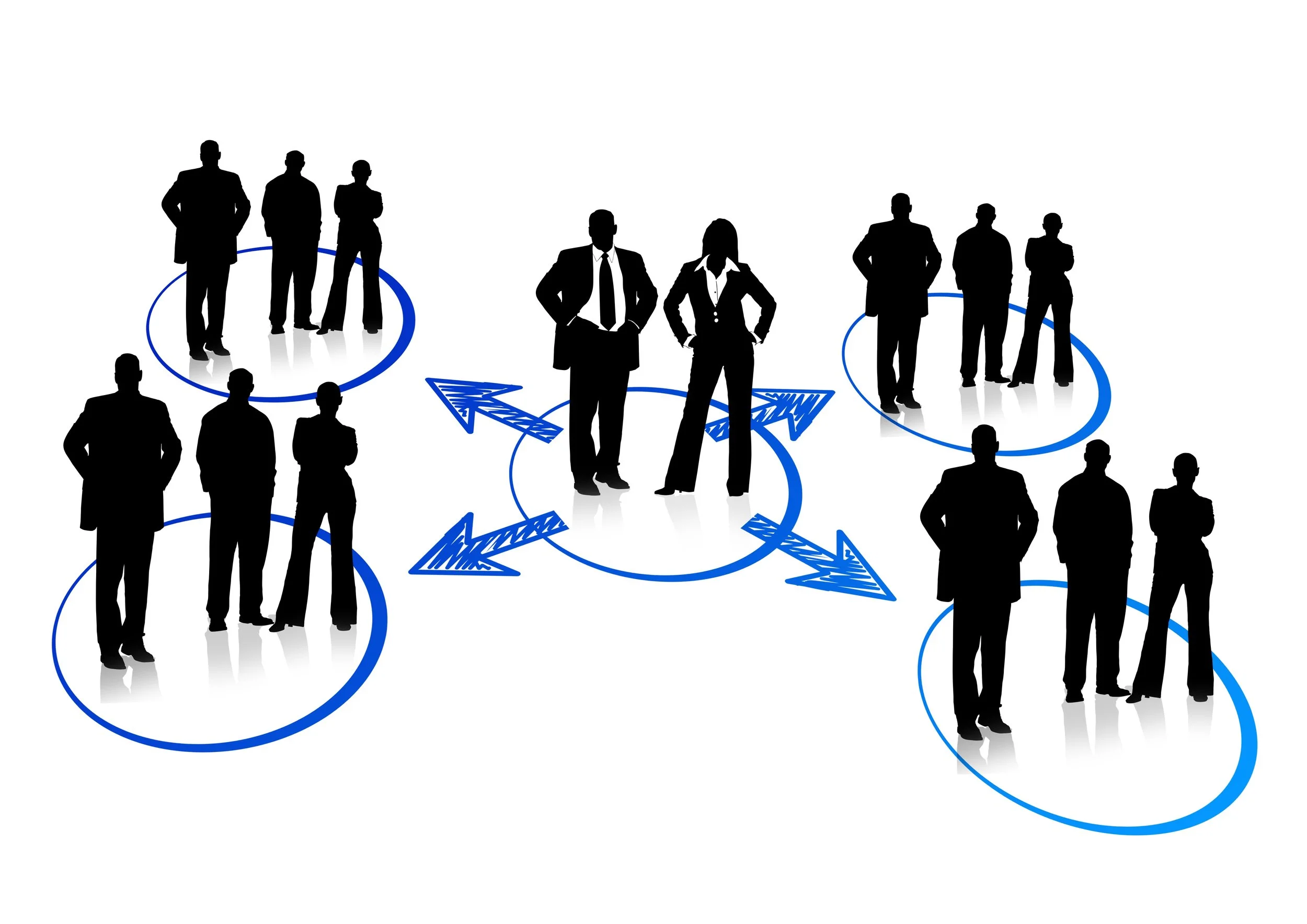 Silhouettes of business professionals standing within blue circles connected by arrows, representing a network or process flow.