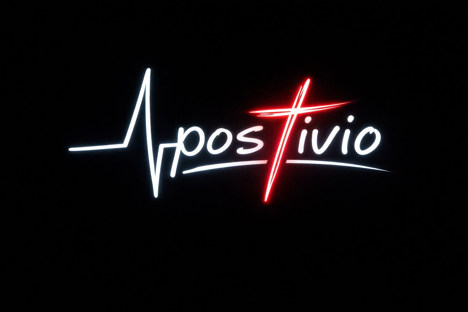 Neon sign reading 'Apóstivio' with a heartbeat line integrated into the sign, with red and white colors on a black background.