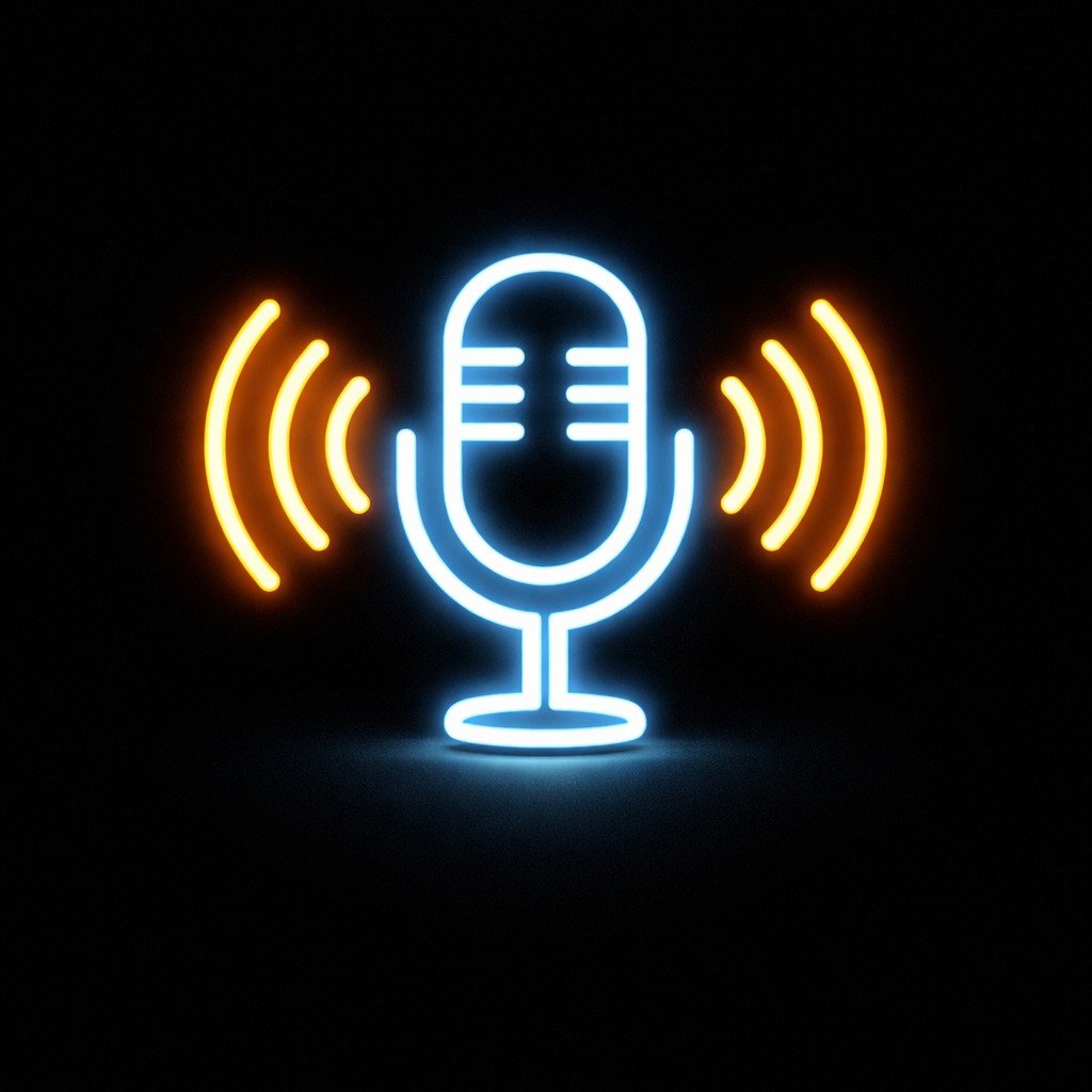 Neon sign of a microphone with sound waves, blue and orange colors on a black background.