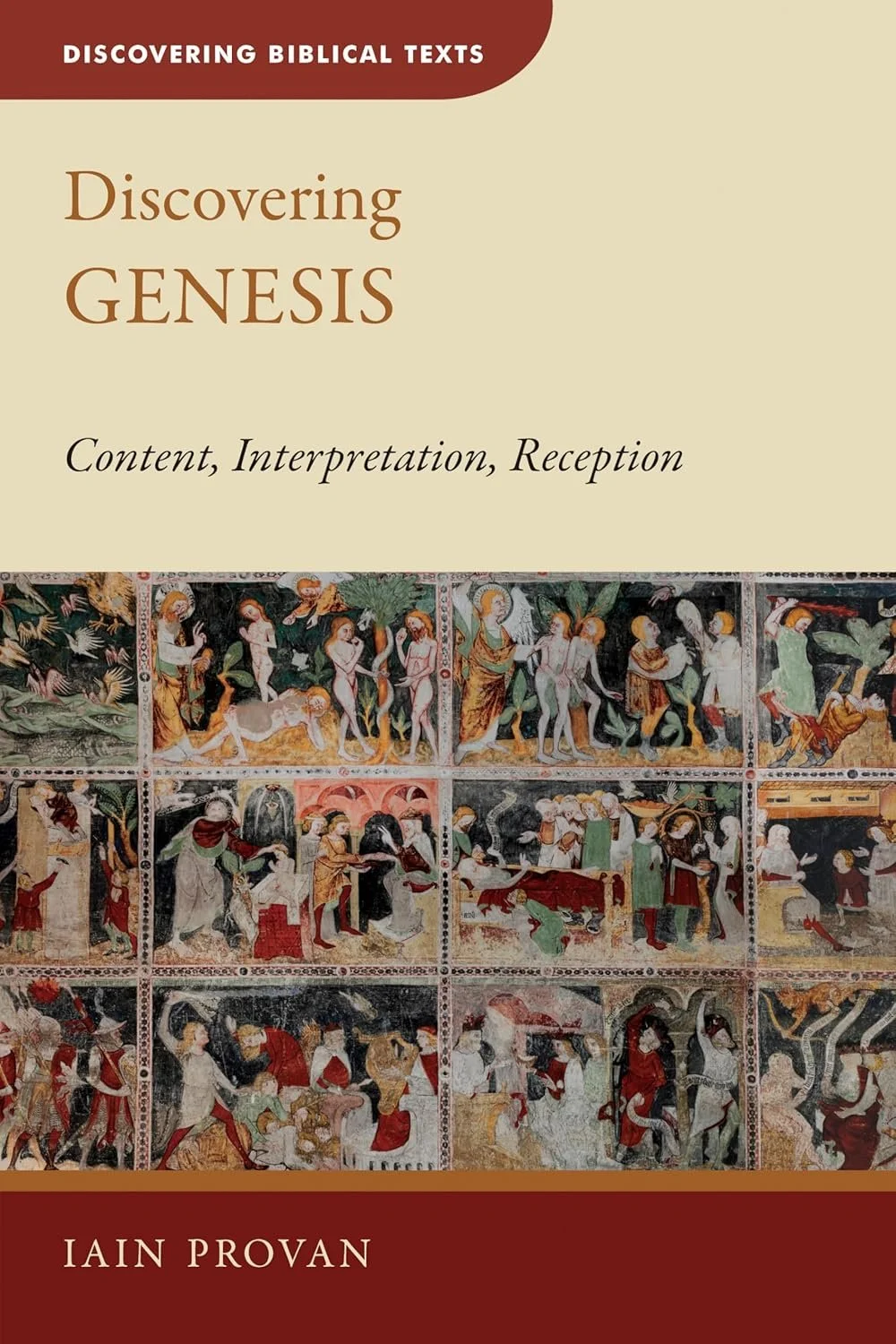 Book cover titled 'Discovering Genesis: Content, Interpretation, Reception' by Iain Provan, featuring an ancient biblical manuscript illustration.