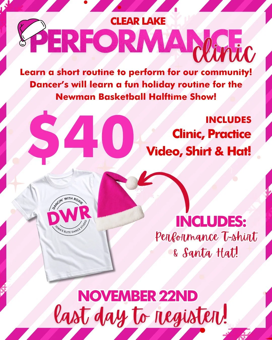 🚨Don't forget DWR is offering a new opportunity in Clear Lake for all ages &amp; abilities to perform in front of a crowd in our community! 🩷❤️

Learn a holiday routine to perform for the Newman Basketball Halftime Show!

$30 Clinic Fee + $10 Tshir