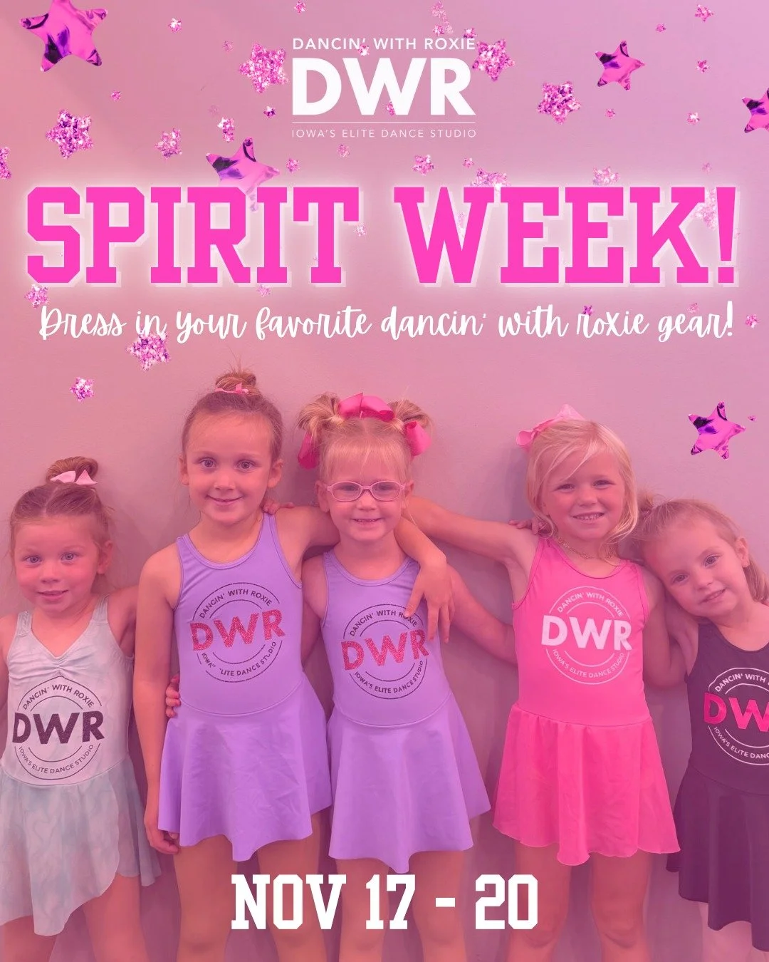 🩷 We&rsquo;re excited for SPIRIT WEEK at DWR November 17th - 20th! 🩷

Go all out with your favorite DWR gear to show your love for DWR and ⭐️studio spirit⭐️! 

*Comp team rehearsals are asked to still wear all black.