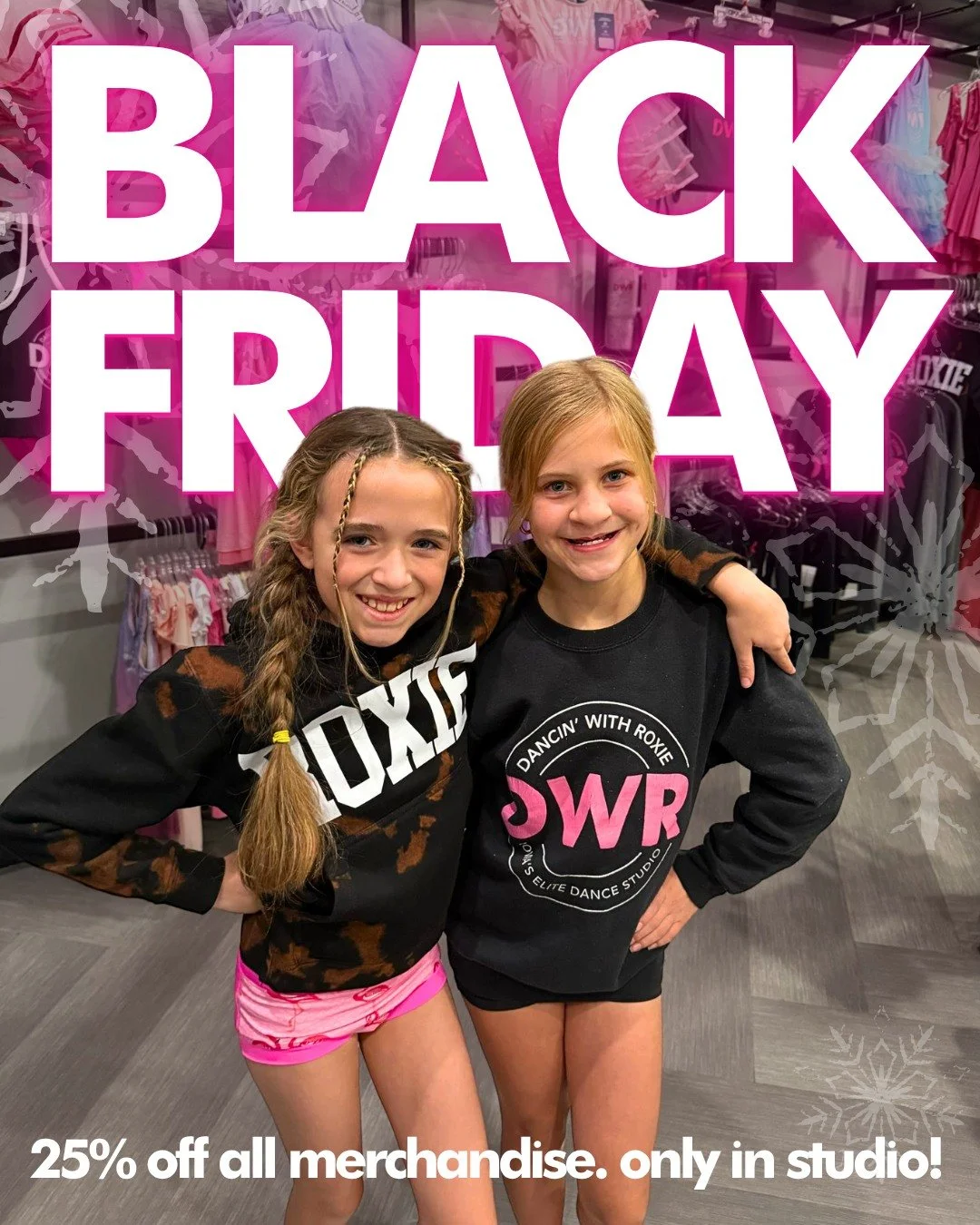 Don't forget our BLACK FRIDAY sale is happening IN STUDIO ONLY! 🚨

🖤All Merchandise (excluding shoes, tights and clearance) is 25% off!