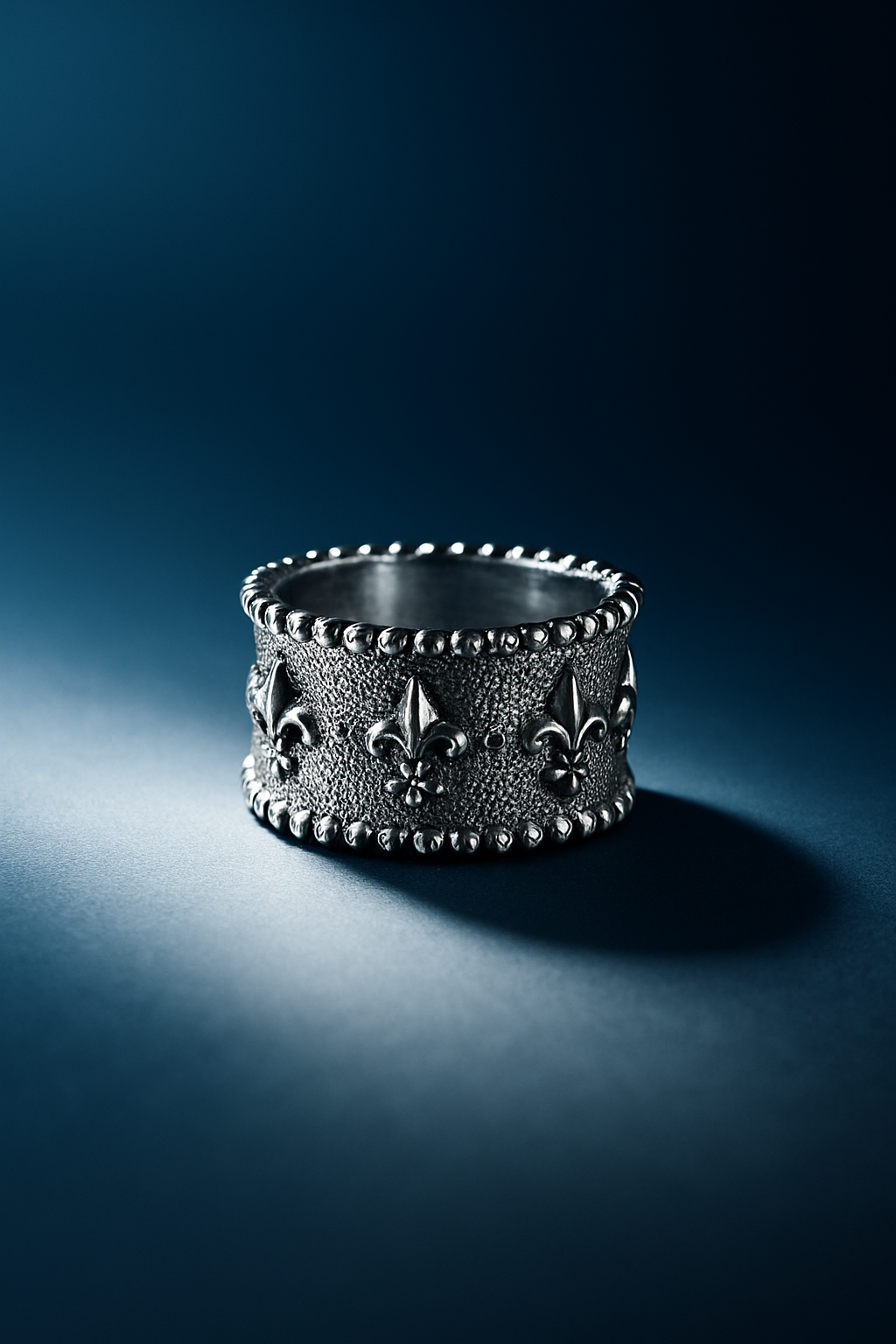 A wide silver ring with ornate Fleur-de-lis patterns around it, placed on a dark surface with a shadow cast to the right.