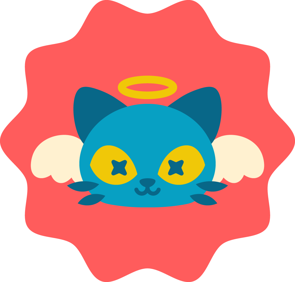 A cute cartoon cat with a halo on its head, blue fur, yellow eyes, and wings, inside a pink flower-shaped background.