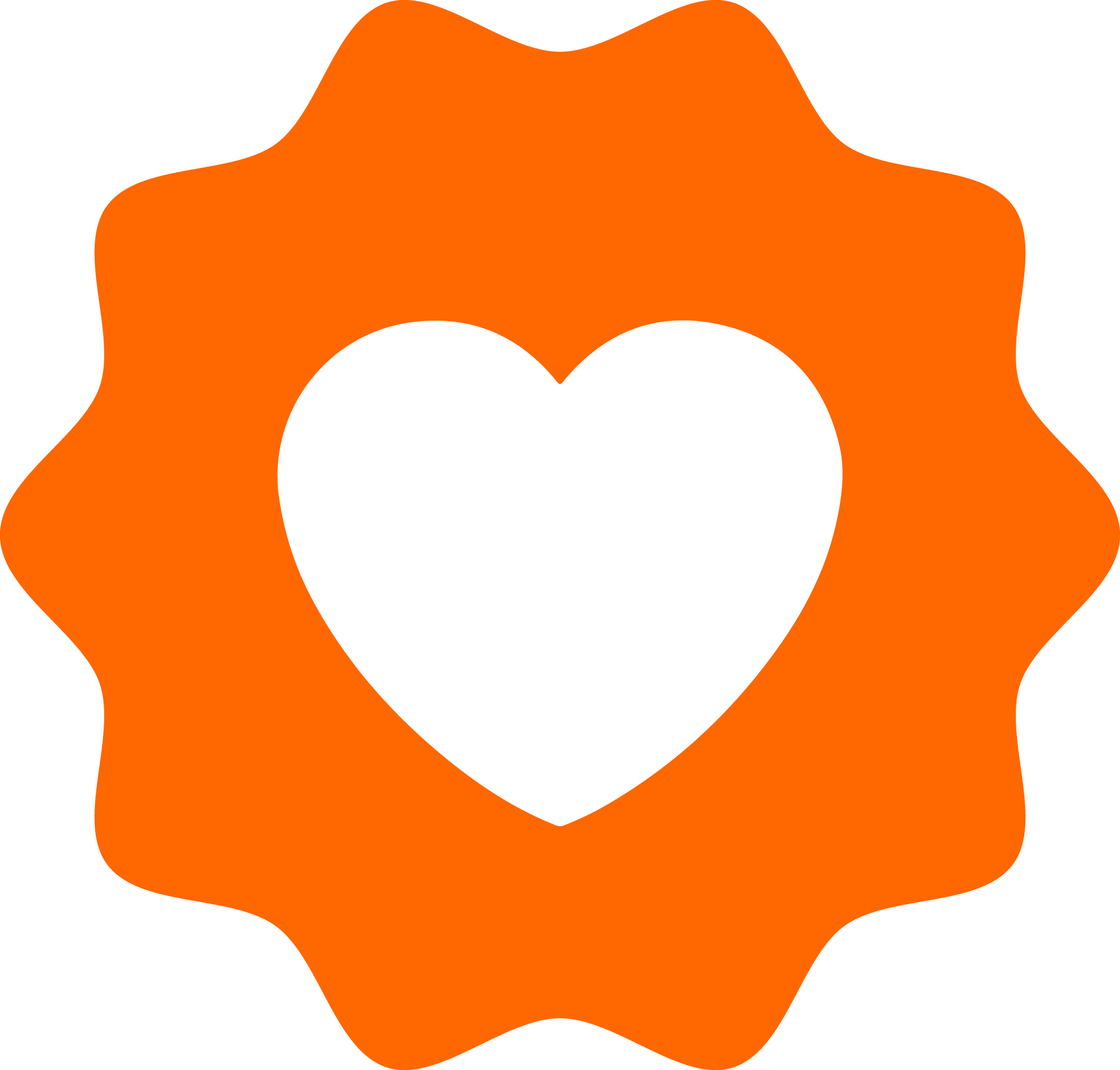 Orange badge with a white heart in the center.