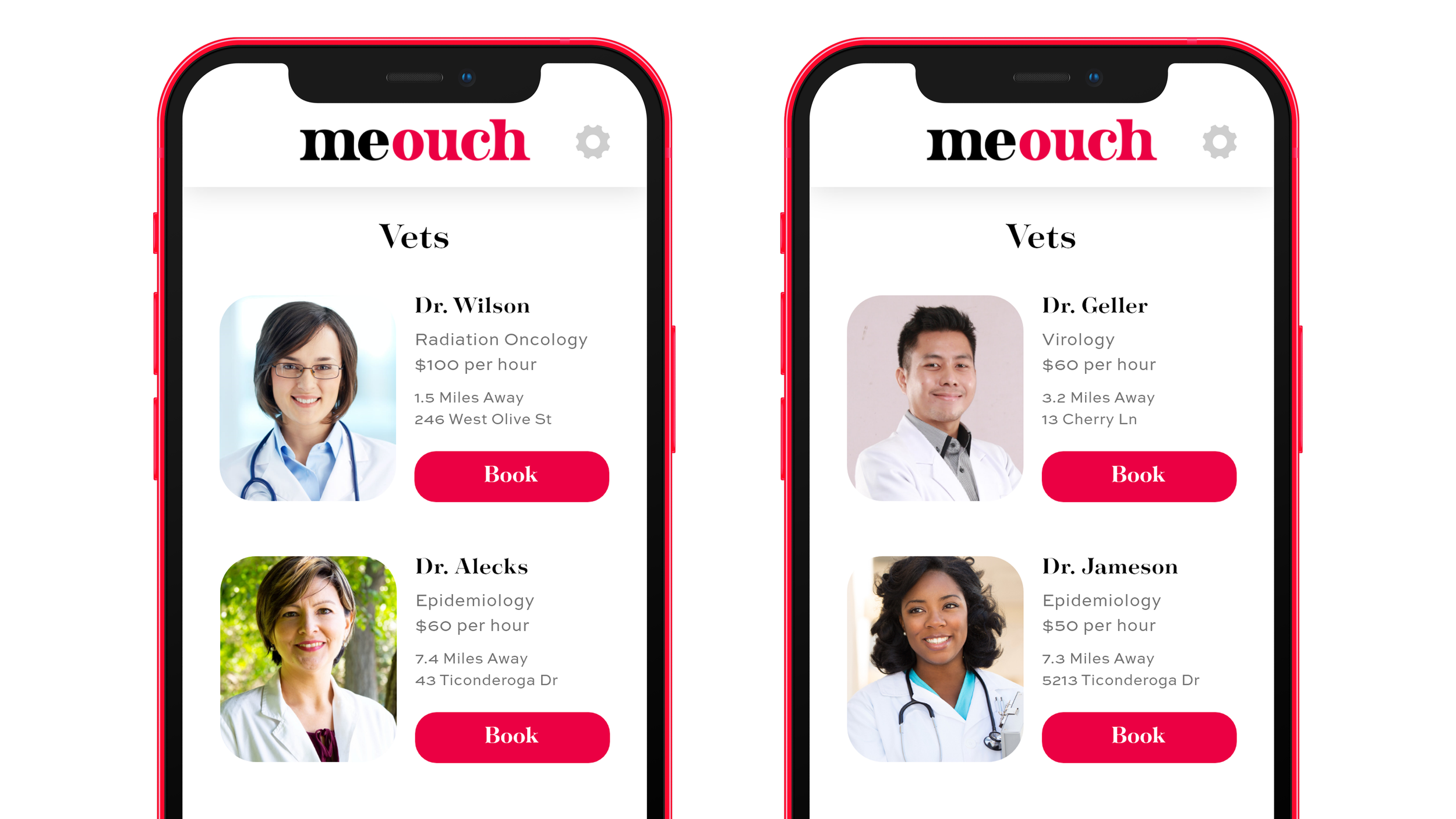 Screenshots of a veterinary appointment booking app showing profiles of four doctors with their specialties, prices, locations, and booking buttons.
