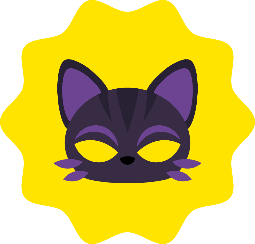 Cartoon purple and black fox wearing a mask, with closed eyes, on a yellow background with a wavy border.