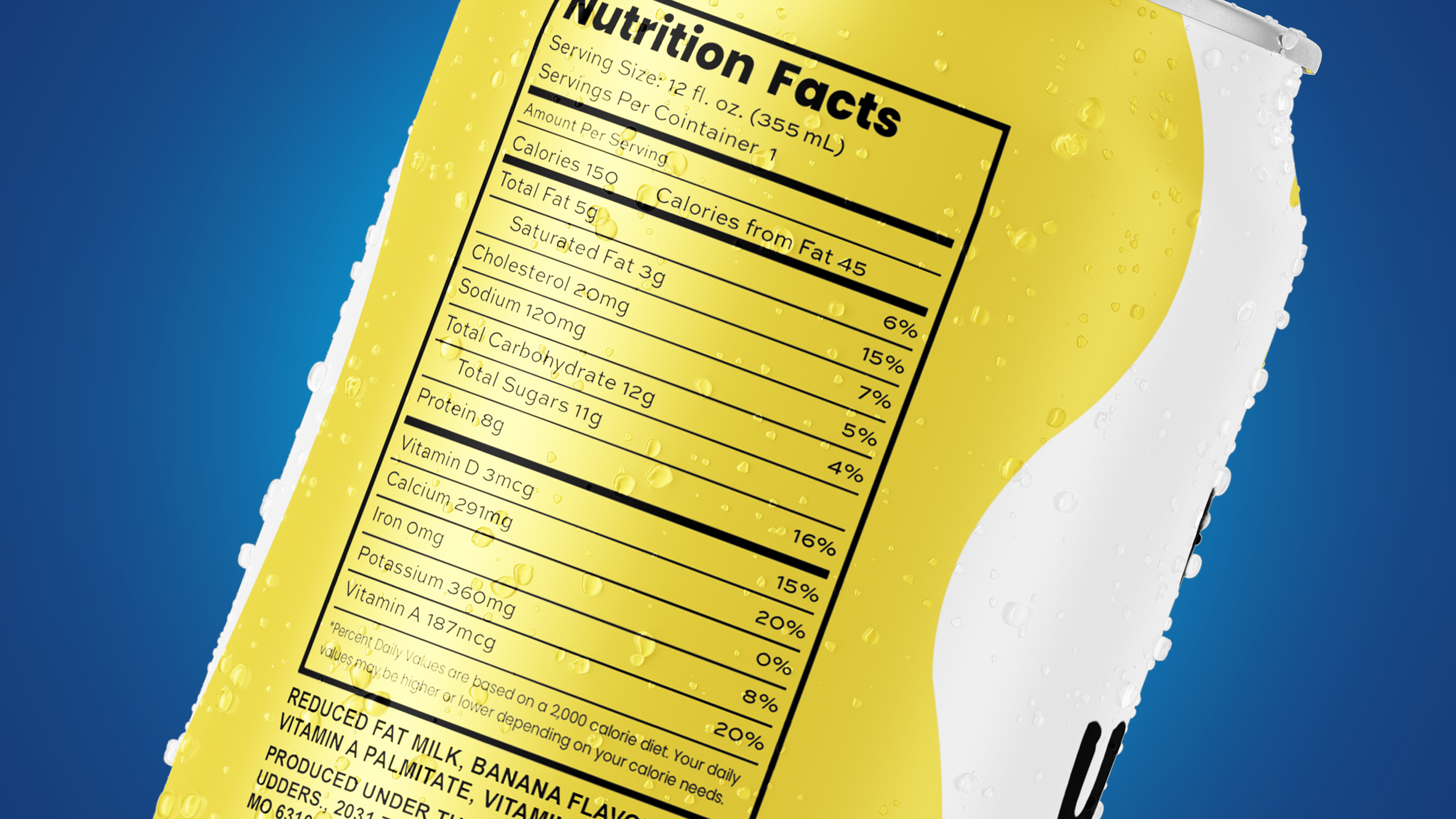 A yellow beverage container with a nutrition facts label, showing details such as serving size, calories, fat, cholesterol, sodium, carbohydrates, sugars, protein, vitamins, and minerals, with water droplets on its surface.