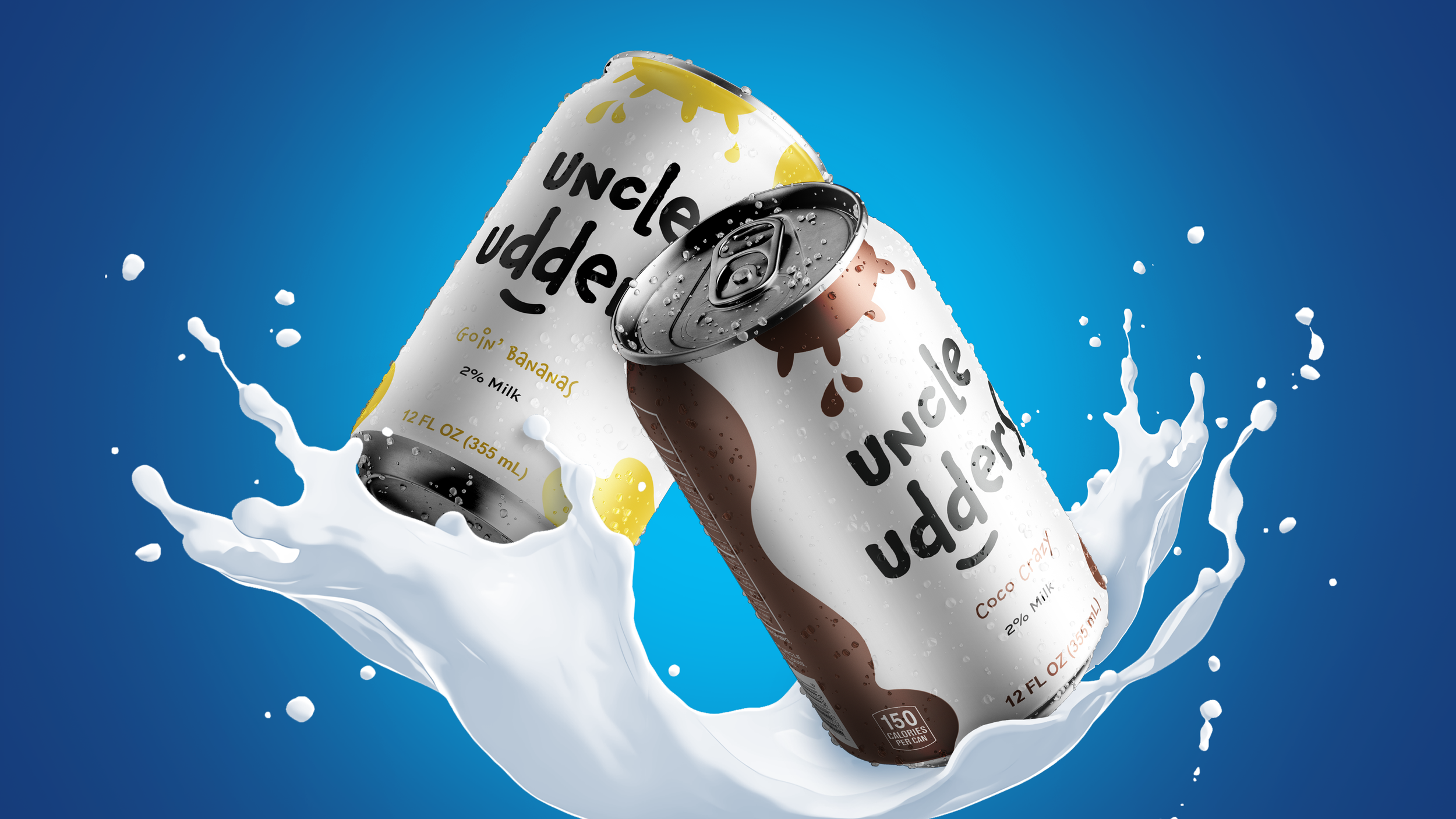 Two cans of Uncle Dave's soda, Goin' Bananas and Coco Crazy, with splash of milk around them against a blue background.