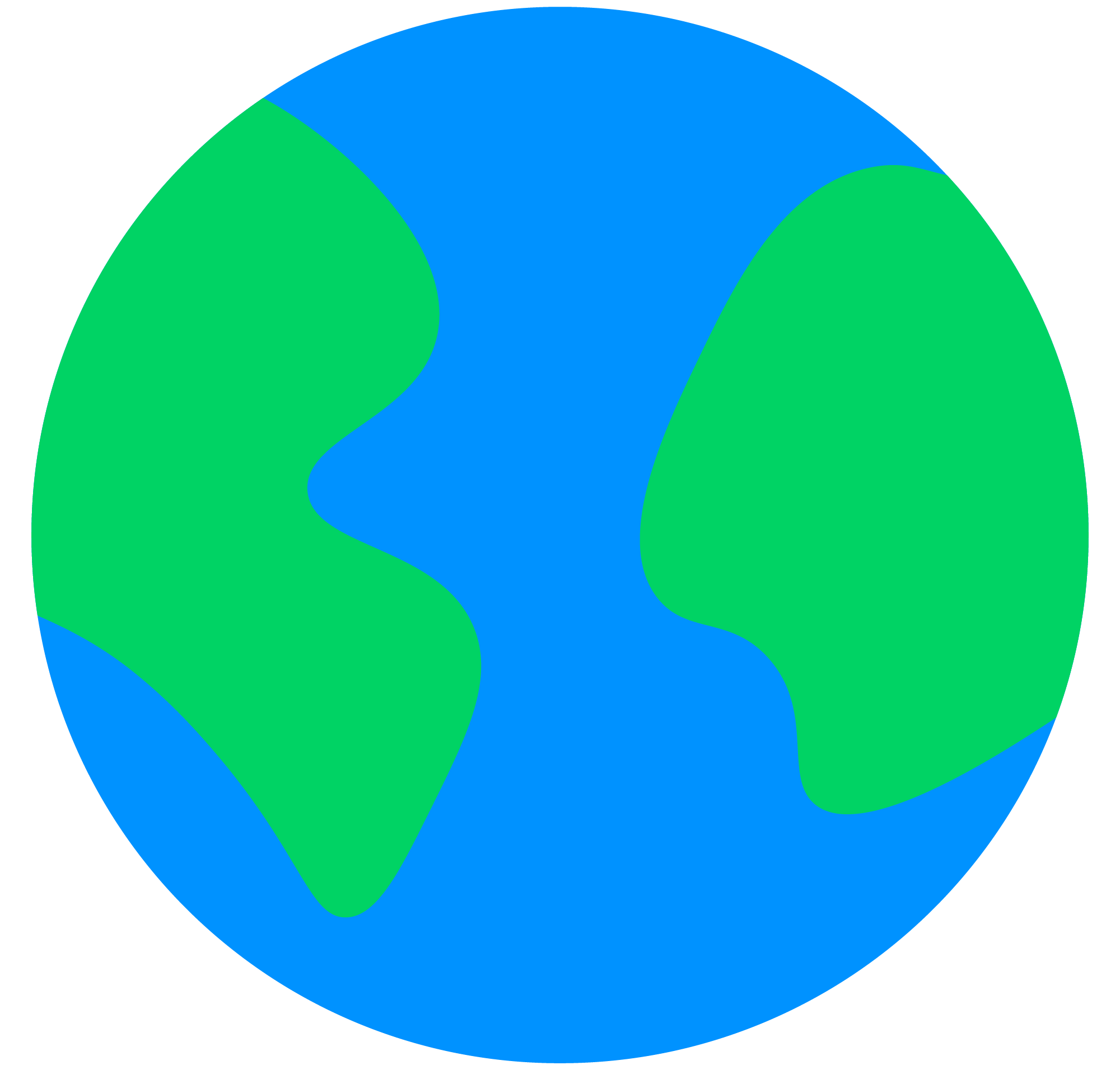 Simplified illustration of planet Earth showing continents in green and water in blue.