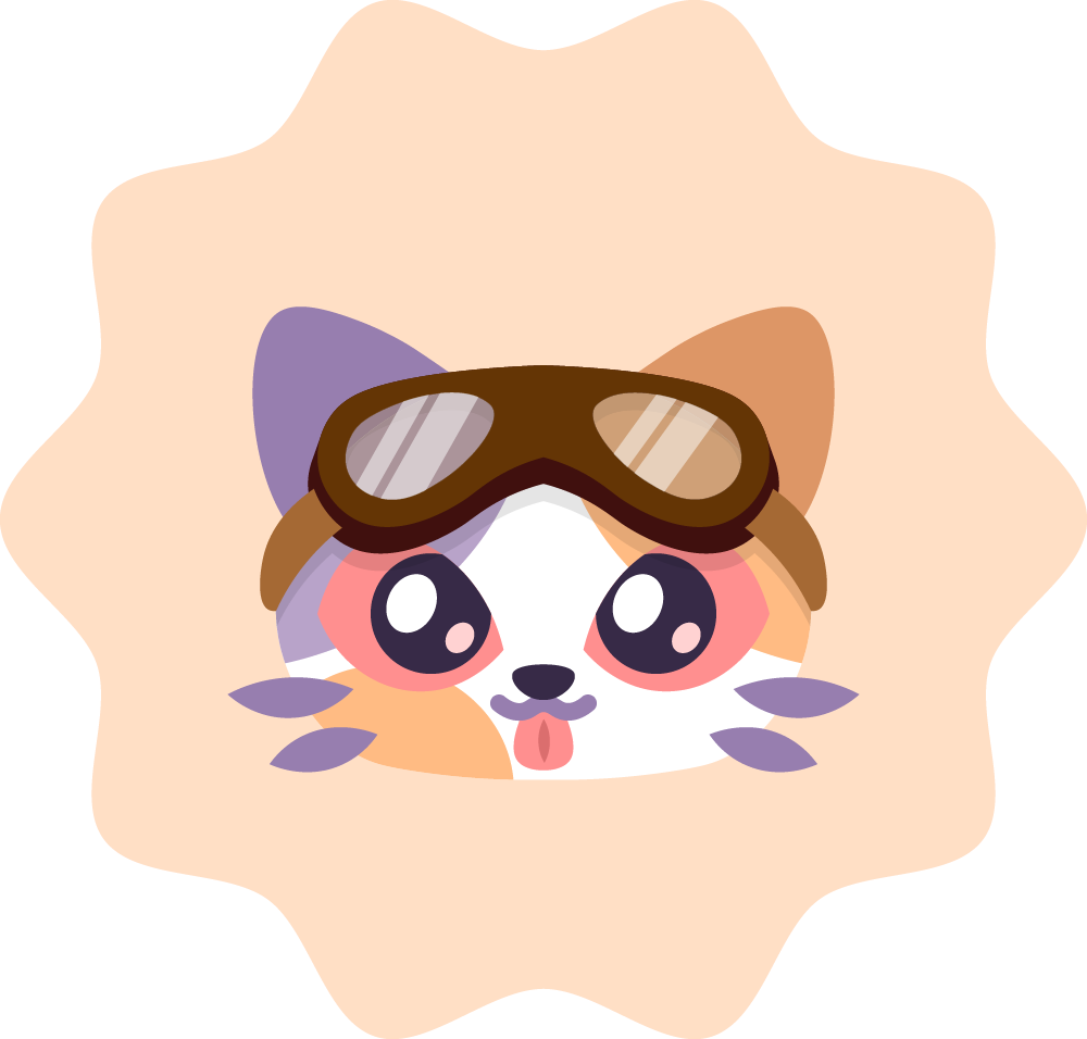 Cartoon image of a cute dog with large eyes, wearing aviator goggles and surrounded by purple leaves, on a beige background.