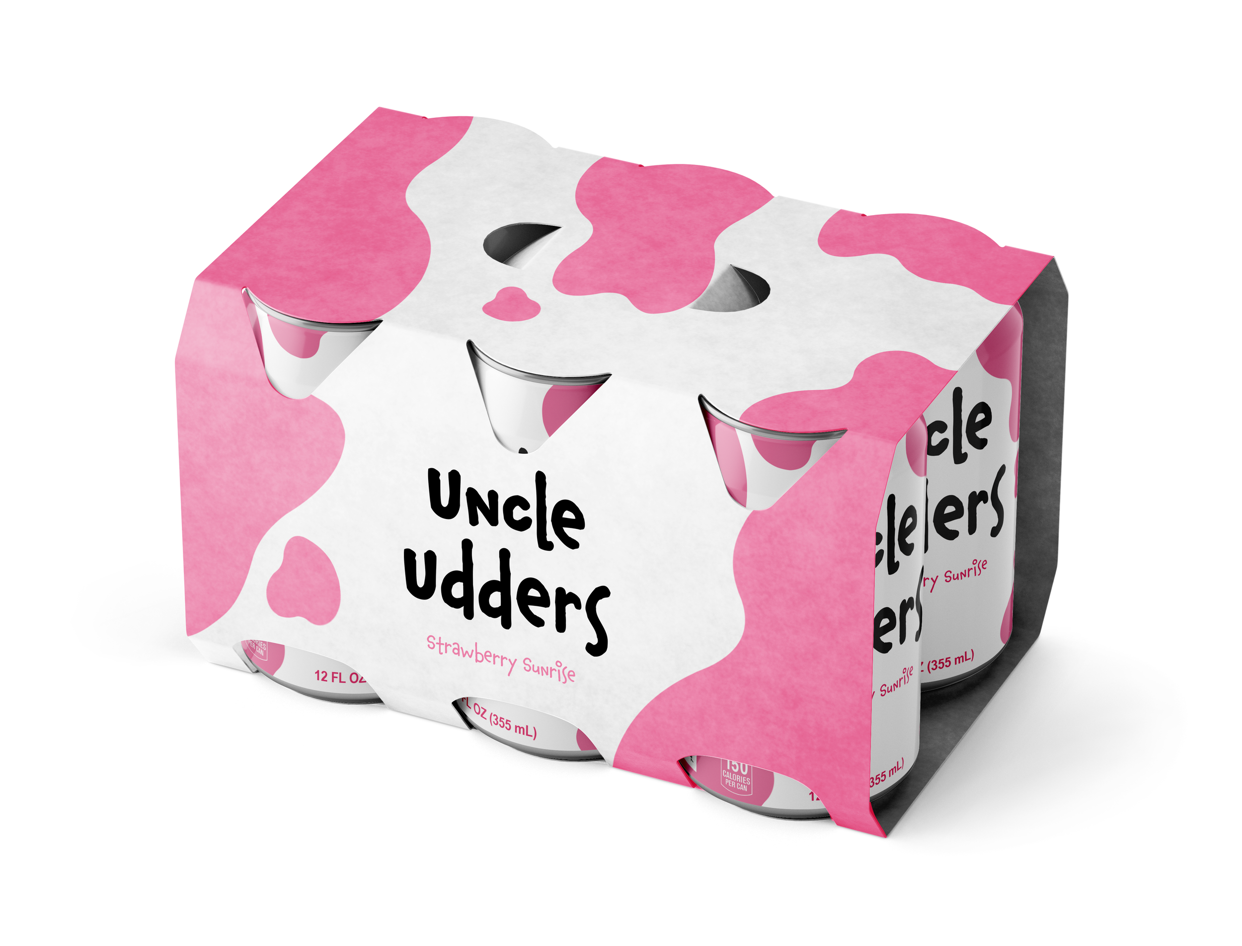 Six cans of Uncle Udder's Strawberry Sunrise milkshakes in a pink cow-print pack.